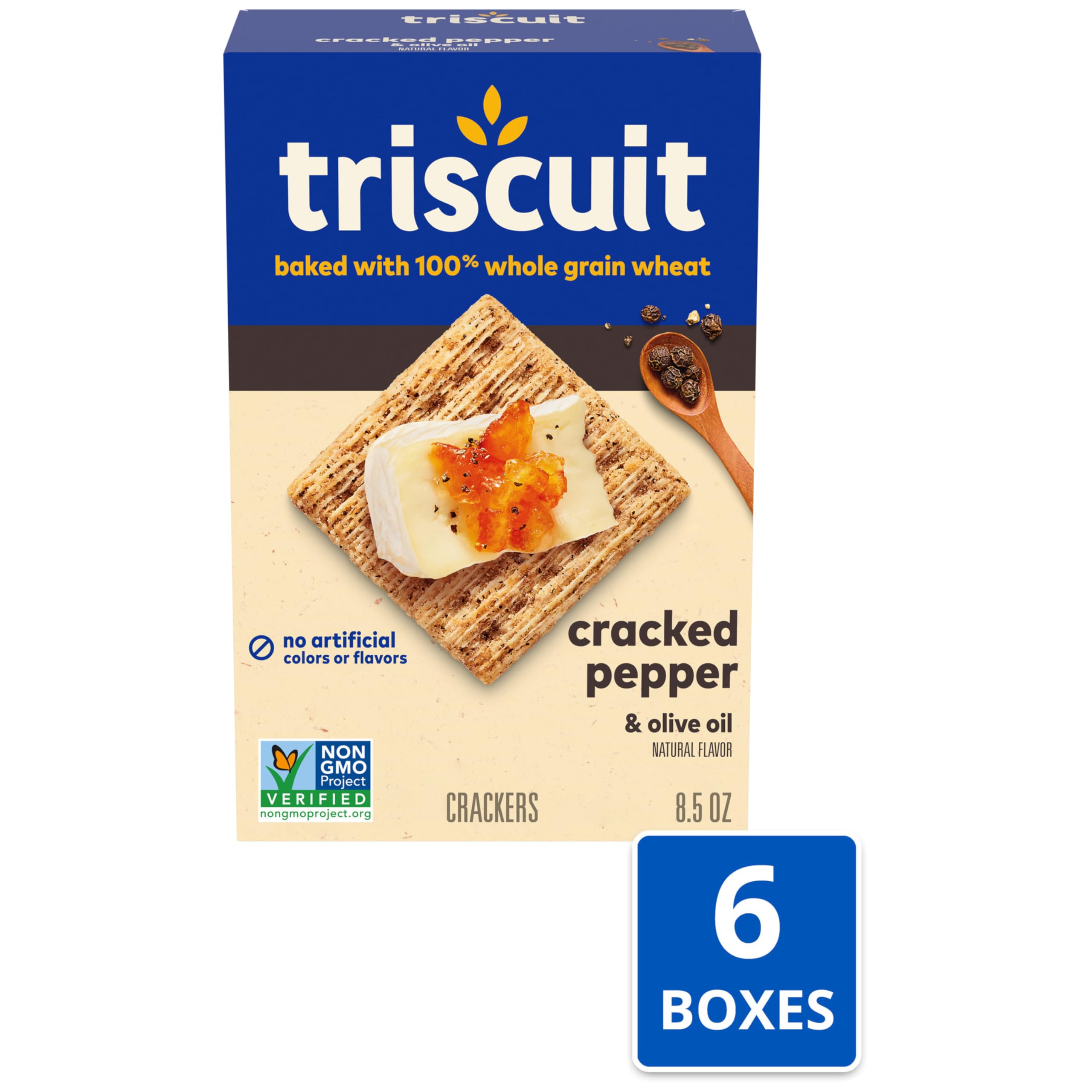 Triscuit Cracked Pepper & Olive Oil Whole Grain Wheat Crackers - Healthy Lunch Snacks, Bulk Pack of 6 (8.5 oz Boxes) - Perfect for Office, School & Picnics