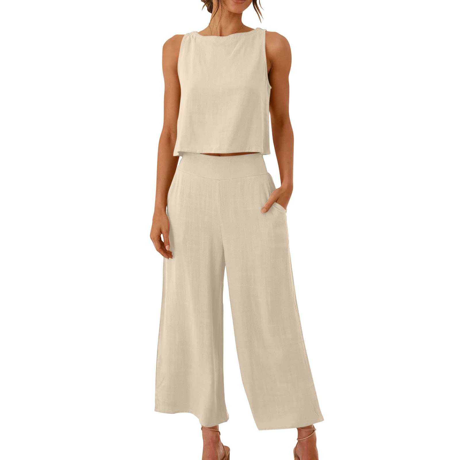 Women's Linen Matching Set - Summer Crop Top & Wide Leg Lounge Pants with Pockets | Breathable Comfort Outfit for Beach, Vacation & Casual Wear
