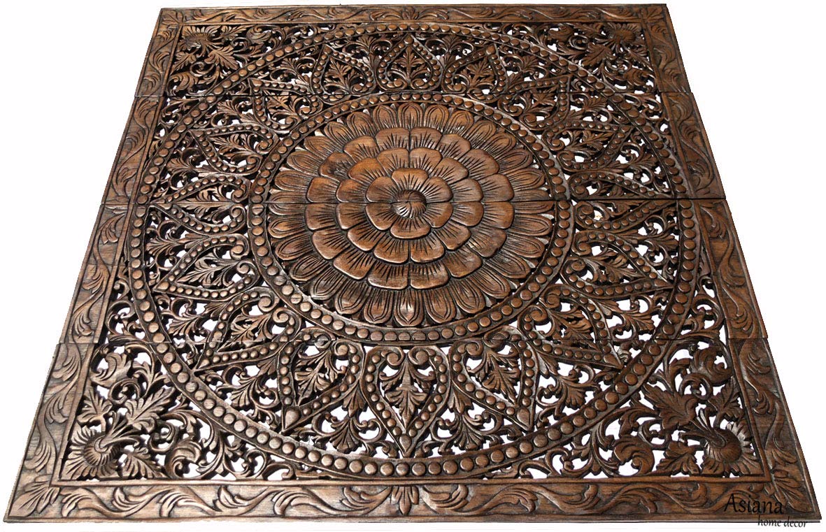 Large Bali Tropical Wood Carved Wall Headboard Panel - Floral Wood Wall Hanging Decor 48