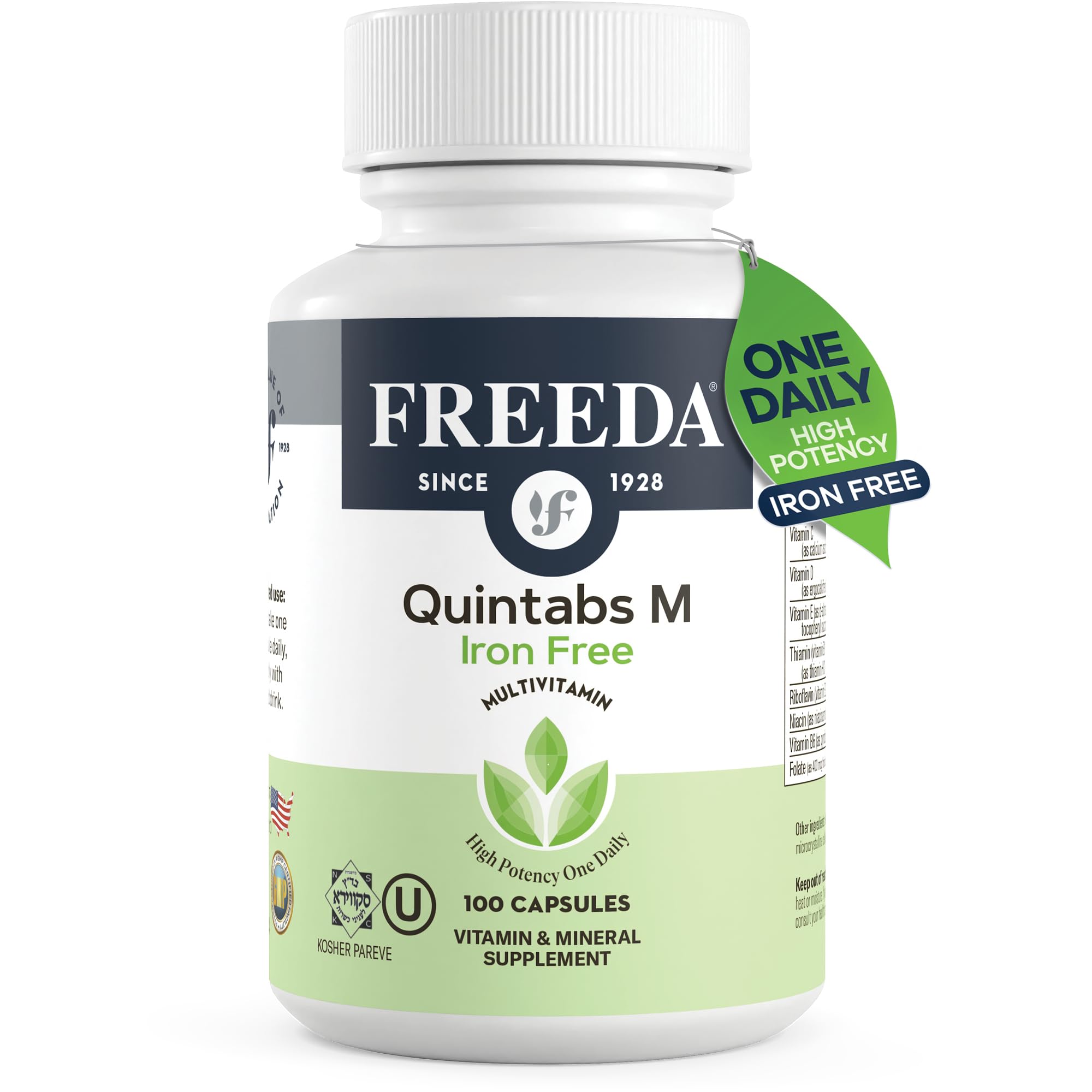 FREEDA One Daily Multivitamin Without Iron - Kosher Certified Iron-Free Multivitamin Supplement for Adults, Men & Women - 100 Capsules - Supports Energy, Immunity & Overall Health for Busy Lifestyles