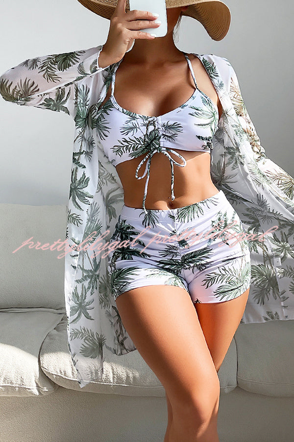 Stylish Printed Paneled Lace-Up Pleated 3-Piece Swimsuit Set | Trendy Swimwear for Beach Vacation & Pool Party
