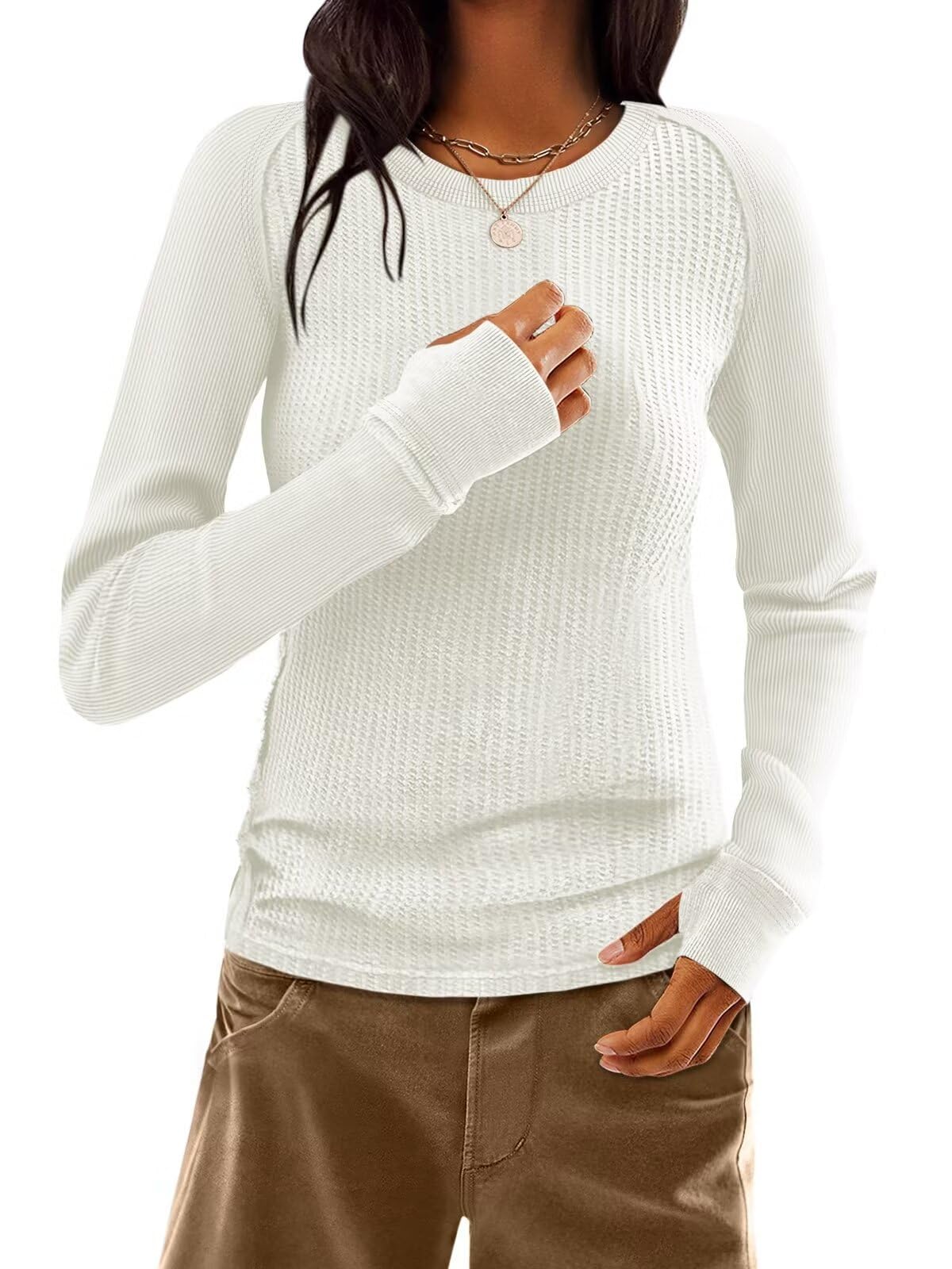 Women's Waffle Knit Thermal Long Sleeve Crewneck Tops - Slim Fit Fall Winter Shirts 2025 | Trendy Casual Wear for Work, Date & Everyday Outfits