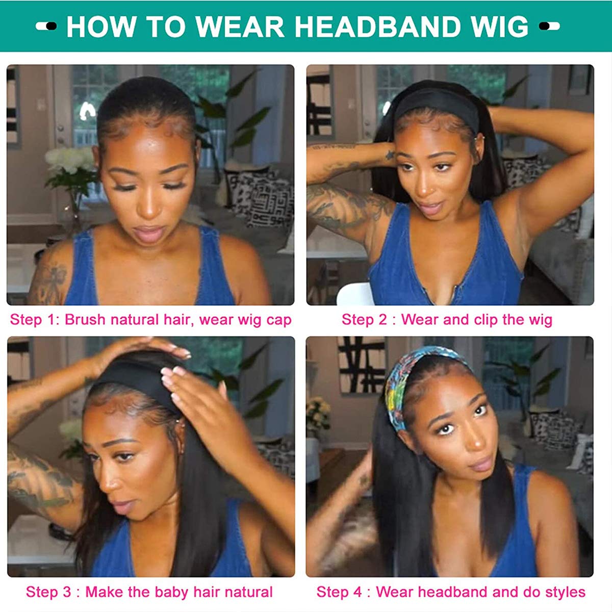 22 Inch Brazilian Straight Human Hair Wig for Black Women - No Lace Glueless Remy Half Wig with Elastic Band | Perfect for Daily Wear, Parties & Protective Styling