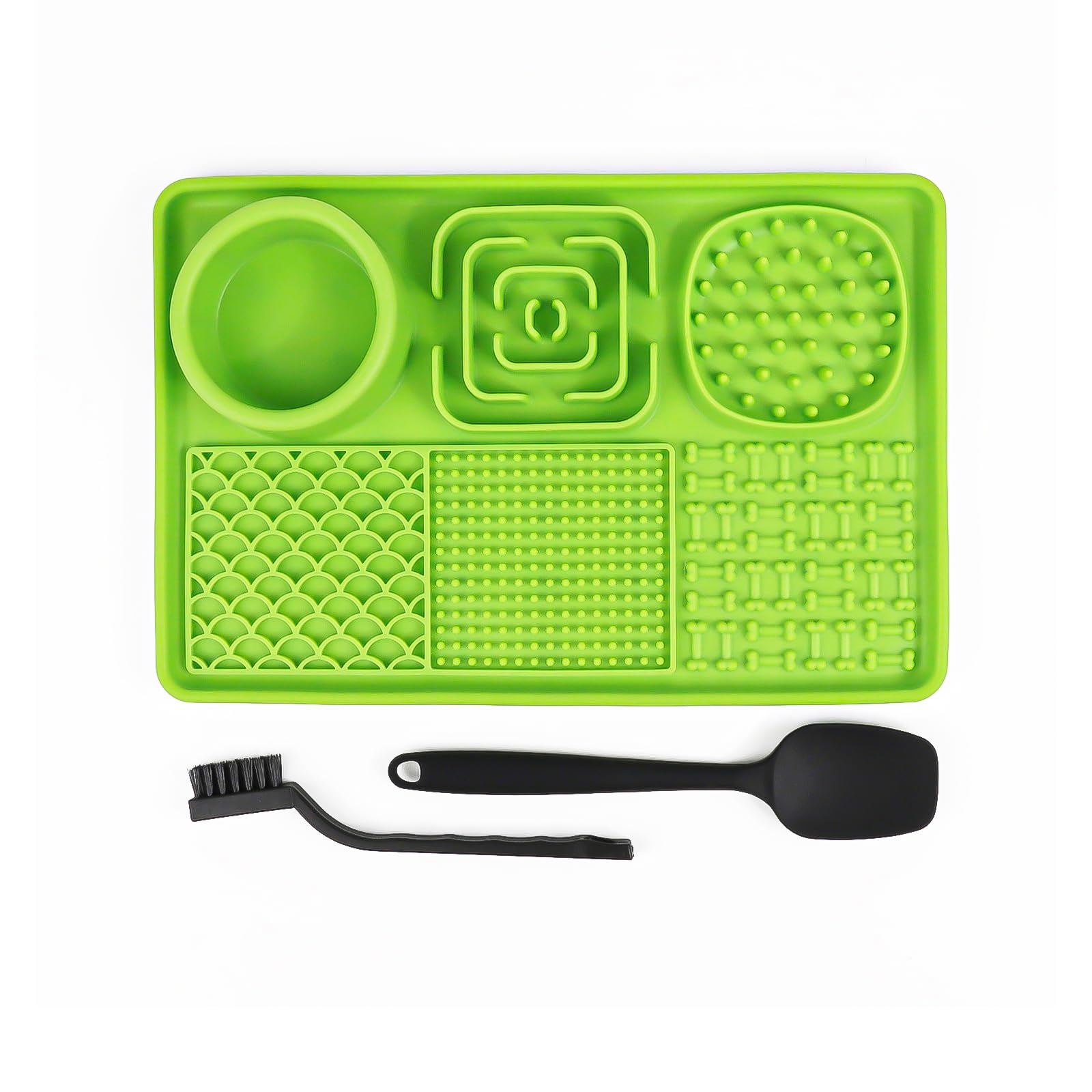 Premium Dog Lick Mat - Food Grade Silicone Pet Anxiety Relief Licking Pad with Strong Suction Cups | Includes Free Spatula & Cleaning Brush (Green) | Perfect for Slow Feeding, Grooming & Calming Anxious Dogs During Baths, Vet Visits or Storms
