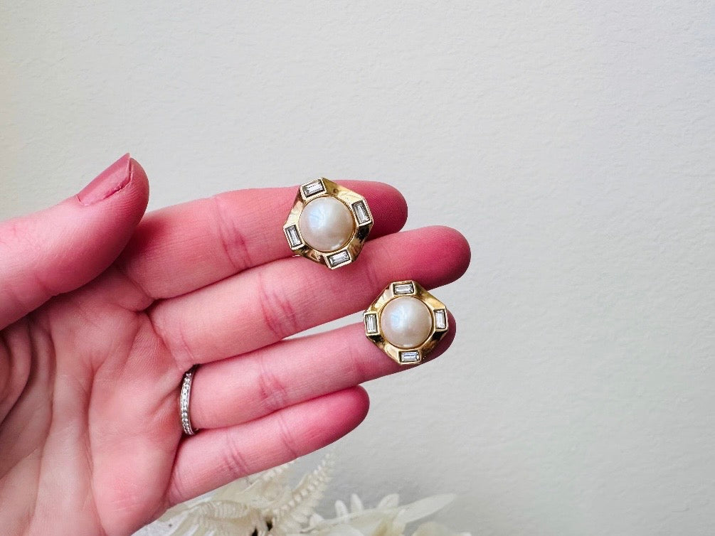 Vintage Monet Clip-On Earrings - Diamond Baguette Rhinestone & Faux Pearl Cabochon Dangle Earrings for Women | Perfect for Weddings, Parties & Special Occasions