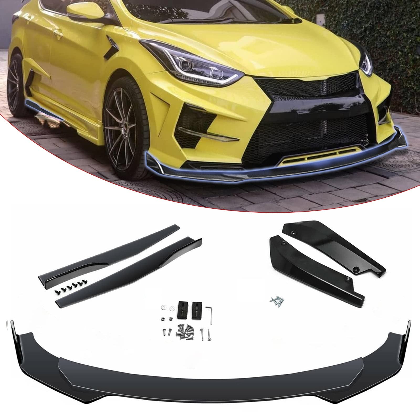 Xotic Tech Front Bumper Lip Spoiler + Side Skirt Splitter + Rear Bumper Lip Wrap Splitter Canard for Hyundai Elantra Accent - Black | Car Body Kit for Enhanced Aerodynamics & Sporty Look | Perfect for Street Racing & Car Shows