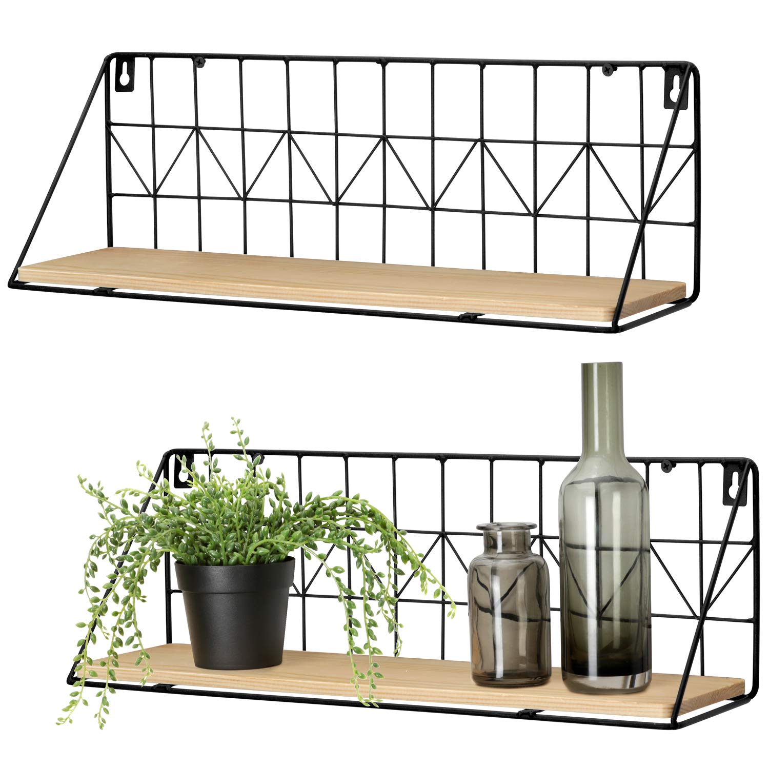 Floating Shelves Wall Mounted Set of 2 - Rustic Wood Storage Display Shelf with Metal Wire Basket, Hanging Shelf for College Dorm Room, Bedroom, Bathroom, Living Room, Kitchen & Office - Beige, Medium - Perfect for Organizing Small Spaces & Stylish Home Decor