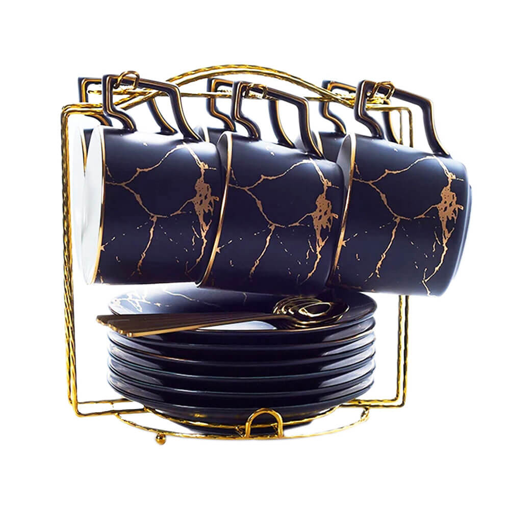 Royal Gold Black Tea Cups and Saucers Set - Elegant Porcelain Coffee Cups for Afternoon Tea, Bridal Shower, and Luxury Home Decor