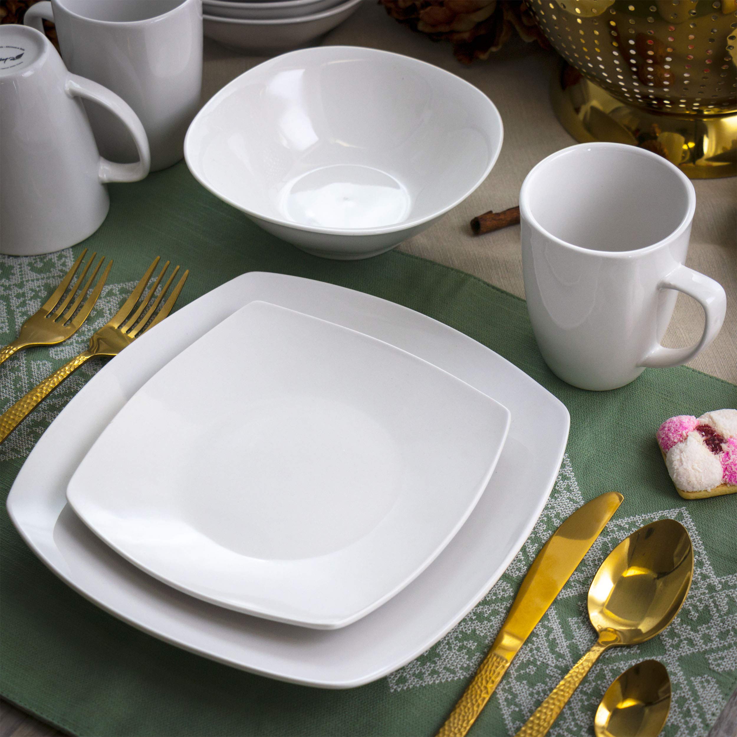 Elama 16-Piece Porcelain Dinnerware Set for 4 - Square White Plates, Bowls & Mugs - Elegant Dinnerware for Family Meals, Dinner Parties & Restaurant Use