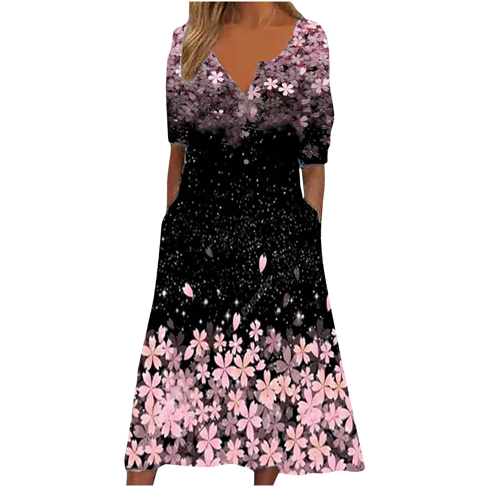 BoomDDD Women's Summer Casual V-Neck Printed Short Sleeve Mini Dress with Pockets - Plus Size Floral Vacation Dress for Beach, Party & Date Night