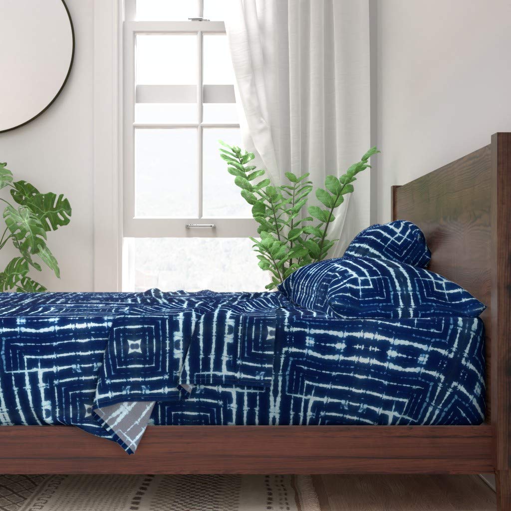100% Cotton Twin Sheet Set 3-Piece - Indigo Blue Hippie Tie Dye Shibori Abstract Squares Japanese Print Bedding | Soft Breathable Sheets for Bohemian Bedroom Decor, Dorm Room Essentials & Guest Room Linens