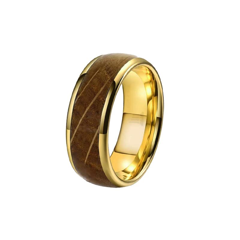 14K Yellow Gold Whiskey Barrel Ring for Men - 8mm Comfort Fit Wedding Band with Bourbon Wood Inlay - Rustic Tungsten Anniversary Gift for Him - Perfect for Whiskey Lovers, Groomsmen Gifts & Special Occasions