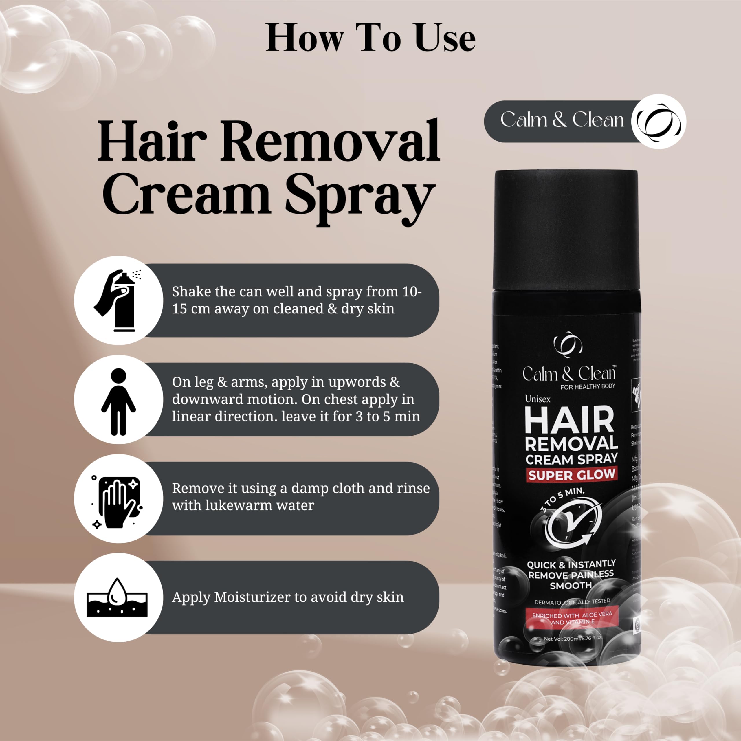 CALM & CLEAN Painless Hair Removal Spray for Women & Men - 200ml | Non-Toxic Depilatory Cream for Chest, Legs & Underarms | Enriched with Aloe Vera & Vitamin E | Gentle & Effective Body Hair Removal | Perfect for Smooth Skin at Home, Gym or Beach | Pack of 1