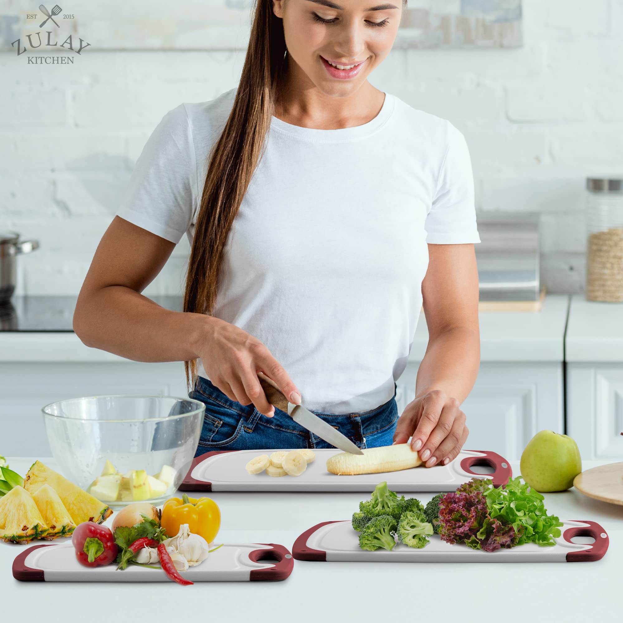 Zulay Kitchen 3-Piece Plastic Cutting Board Set - Dishwasher Safe, Non-Slip with Juice Groove - White & Red Multiple Sizes for Meat, Vegetables & Fruits - Perfect for Home Cooking & Meal Prep