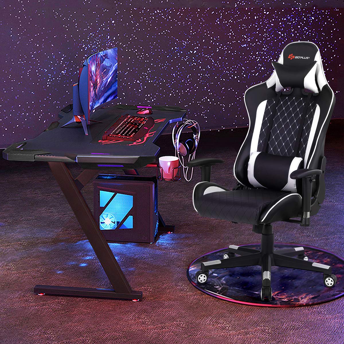 POWERSTONE Ergonomic Gaming Chair with Adjustable Armrests, Massage Lumbar Support & Wide Seat Cushion - Reclining Office Computer Chair for Adults - Perfect for Gaming, Working & Home Office (White)