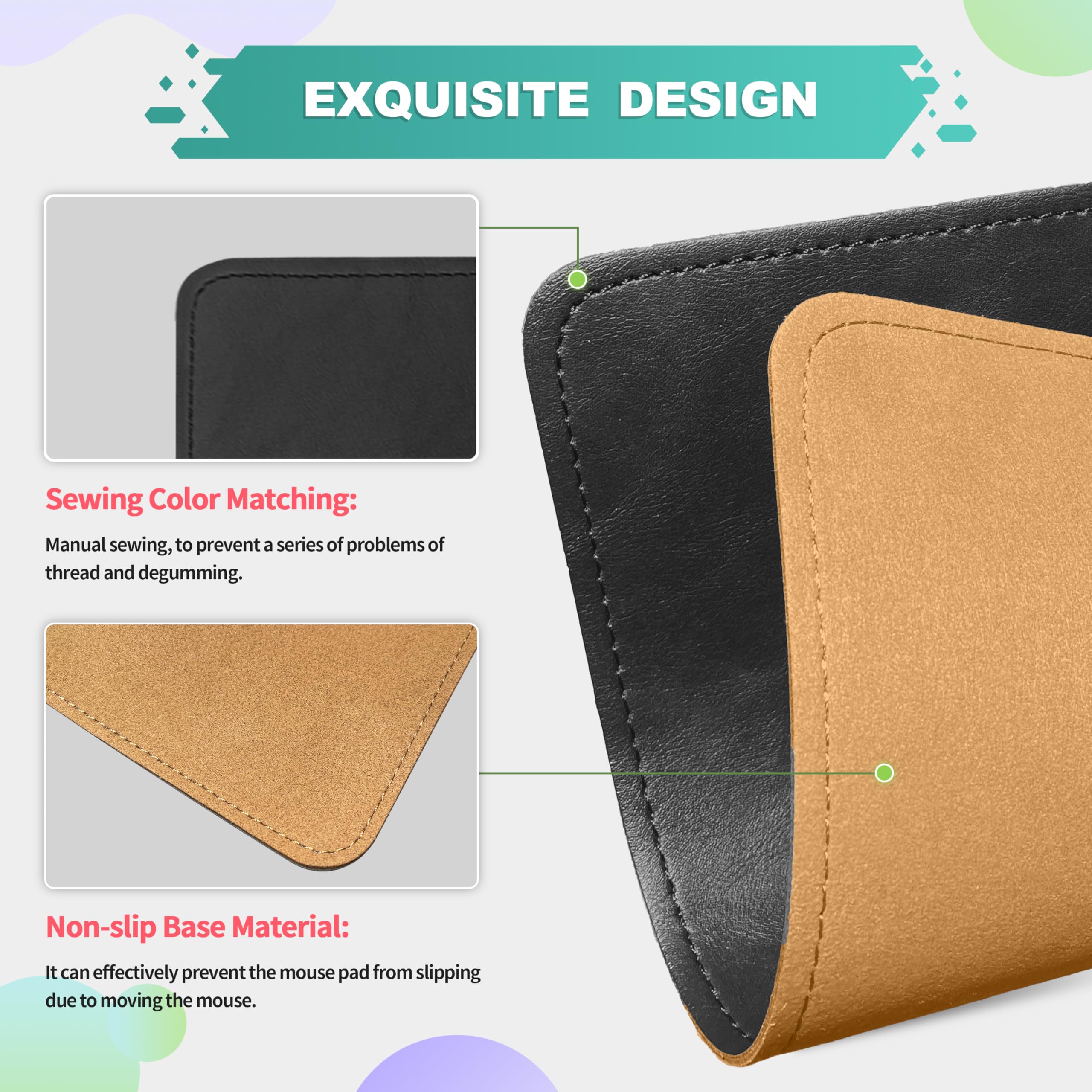 Premium PU Leather Mouse Pad with Stitched Edge - Non-Slip Microfiber Base, Waterproof Desk Mat for Computer & Laptop (8x11 Inch, Caramel Black) - Perfect for Office, Gaming & Home Workspace