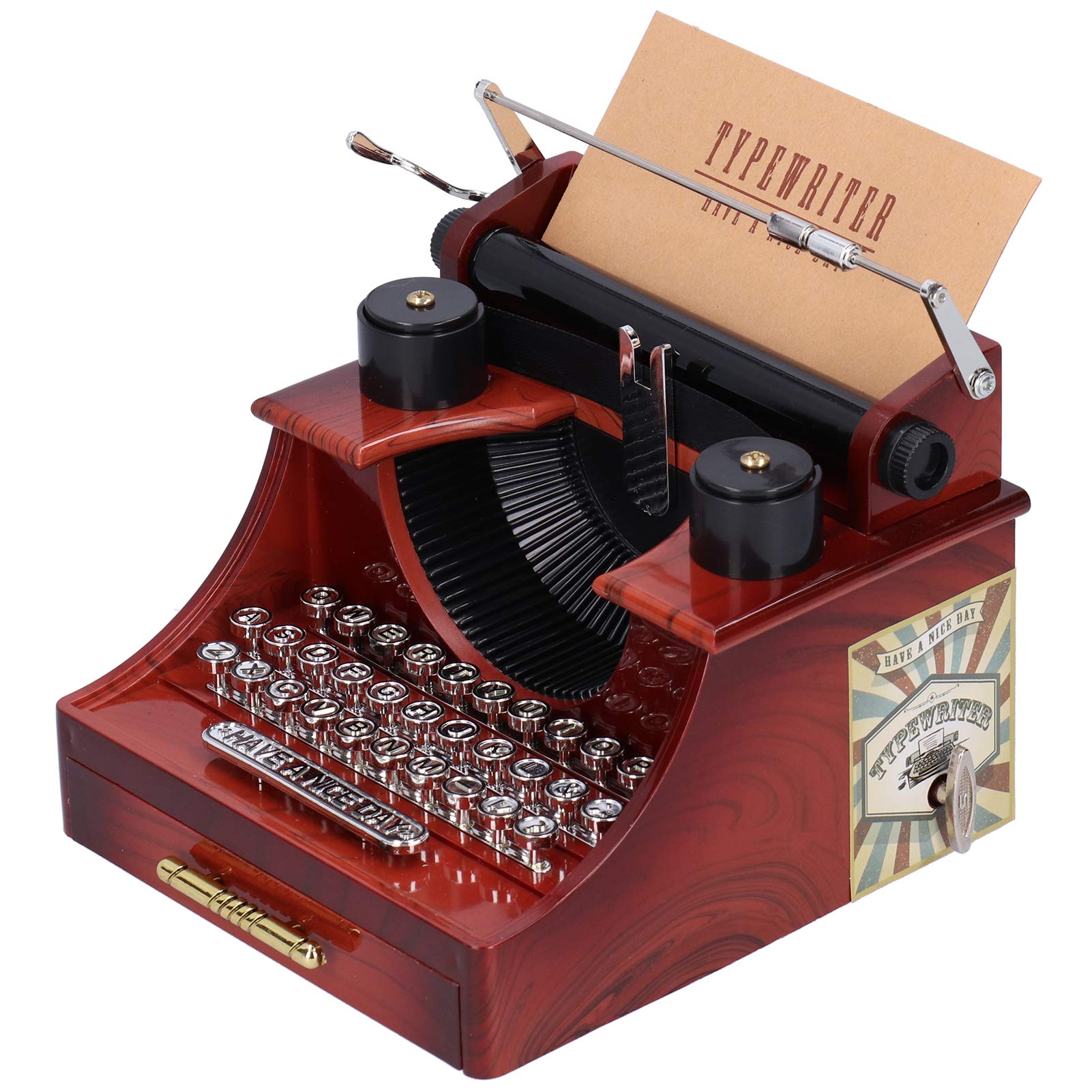 Vintage Wooden Typewriter Music Box - Hand Crank Mechanical Musical Box with Classic Design for Home & Office Decor - Perfect Gift for Writers, Collectors & Music Lovers