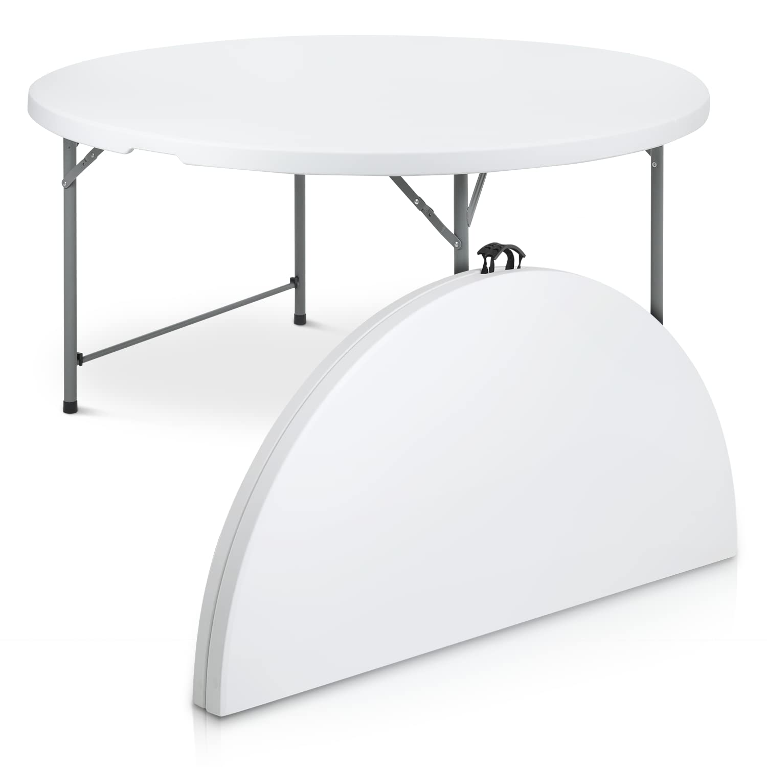 MoNiBloom 5.5 Foot Round Folding Table - Portable Plastic Dining Table with Handle & Lock for Indoor Outdoor Use - Perfect for Picnic, Party, Banquet, Wedding (White)
