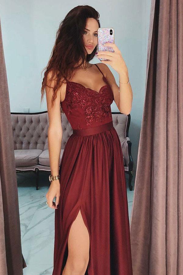 Elegant A-Line Burgundy Prom Dress with Spaghetti Straps & Lace Sequins - Perfect for Homecoming, Formal Parties & Evening Events | Style TP0913