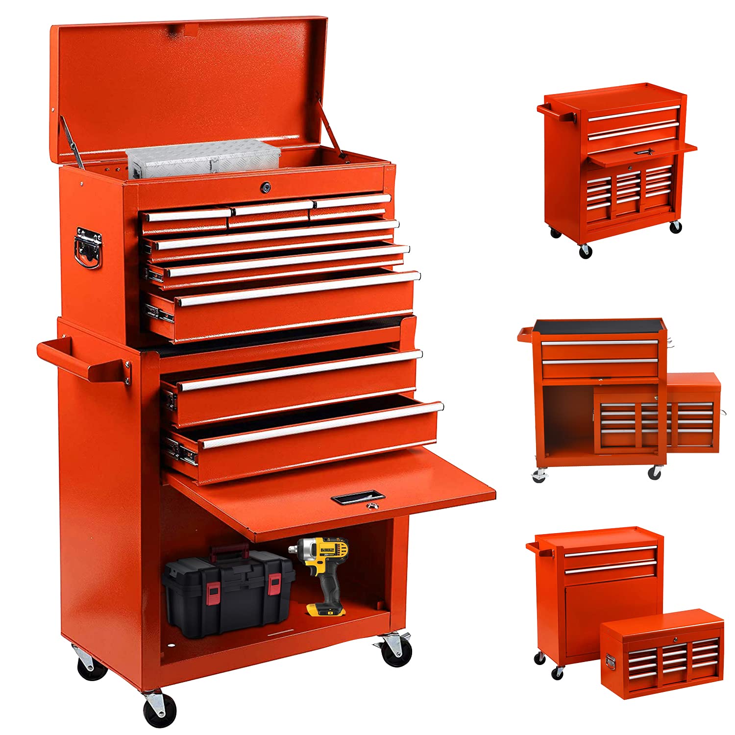 8-Drawer Rolling Tool Chest - 2-in-1 High Capacity Tool Box & Detachable Organizer, Heavy Duty Tool Storage Cabinet with 4 Wheels & Lockable Lined Drawers for Garage, Warehouse, Workshop, Home DIY (Red) - Perfect for Mechanics, Carpenters, and Professional Technicians