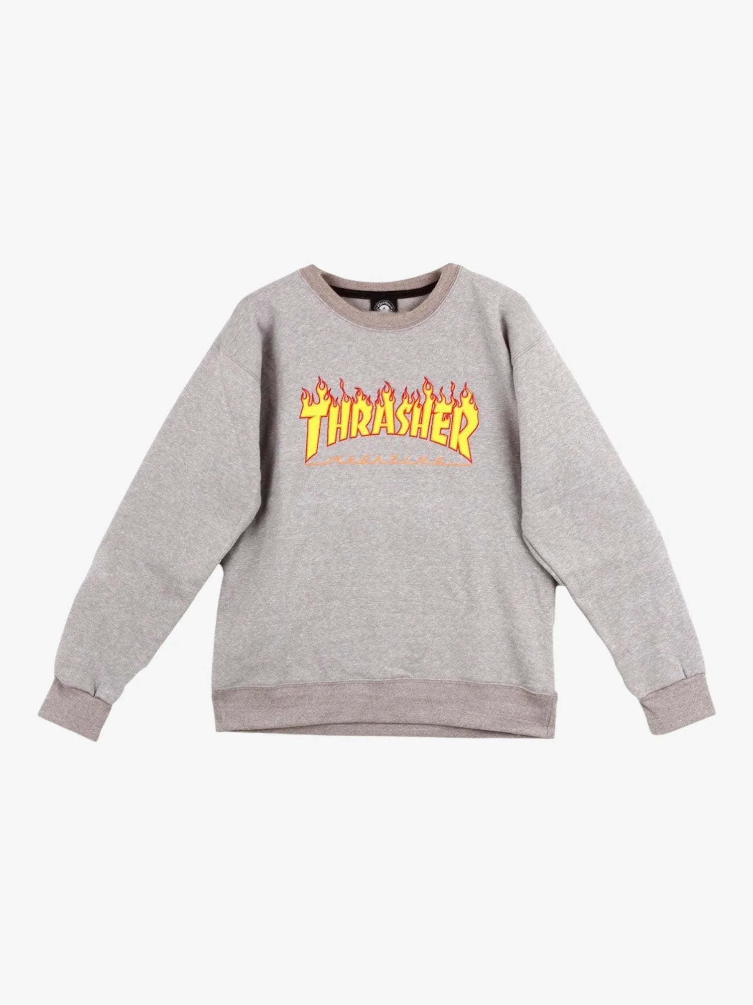 Thrasher Flame Graphic Hoodie - Light Grey Crewneck Sweatshirt for Men & Women | Skate Style, Streetwear Fashion, Casual Wear for Everyday Outfits