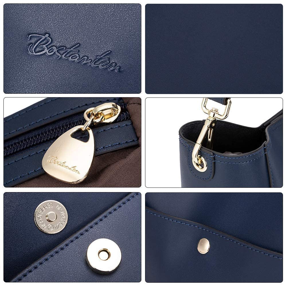 BOSTANTEN Women's Leather Designer Handbag Tote Purse Shoulder Bucket Bag in Navy Blue with RFID Blocking Zipper Pocket - Includes Small Bifold Leather Wallet Card Case - Perfect for Work, Travel and Everyday Use