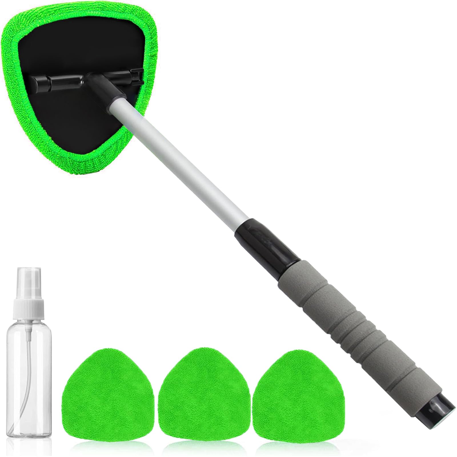Premium Windshield Cleaning Tool - Car Window Cleaner with 4 Washable Microfiber Pads & Extendable Handle - Auto Glass Wiper Kit for Interior/Exterior Cleaning (Green) - Perfect for Cars, Trucks, SUVs and RVs