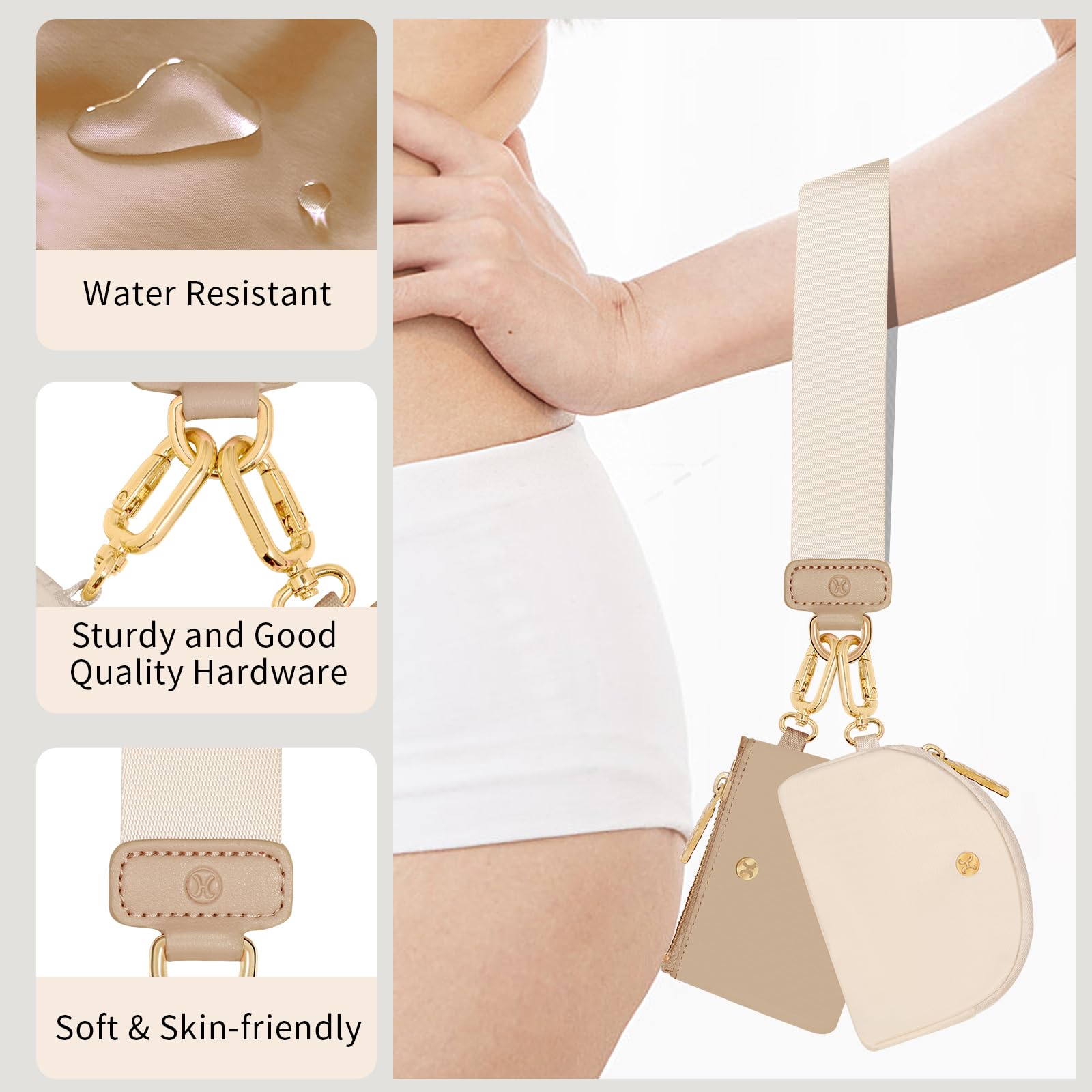 Detachable Keychain Wallet for Women & Men - Dual Pouch Mini Zip Around Wristlet with Coin Purse (Khaki & White) | Portable Travel & Everyday Essentials Organizer