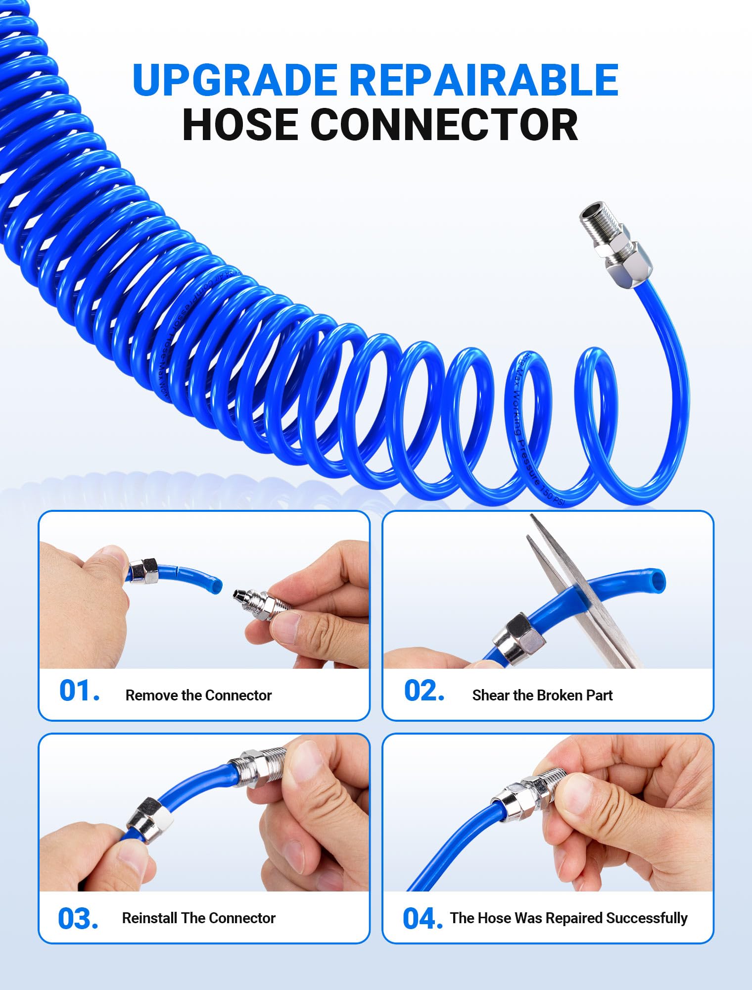 25 FT Repairable PU Recoil Air Hose - Heavy Duty Industrial Air Compressor Hose with 1/4