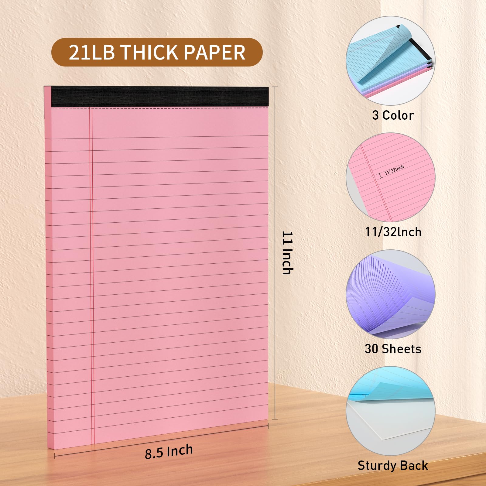 3-Pack Colored Legal Pads 8.5 x 11 Inch - Wide Ruled Notepads with Perforated Sheets, 21lb Pink Purple Blue Paper, 30 Sheets per Pad, Sturdy Back for Home Office School - Perfect for Note Taking, Journaling & Organizing Tasks