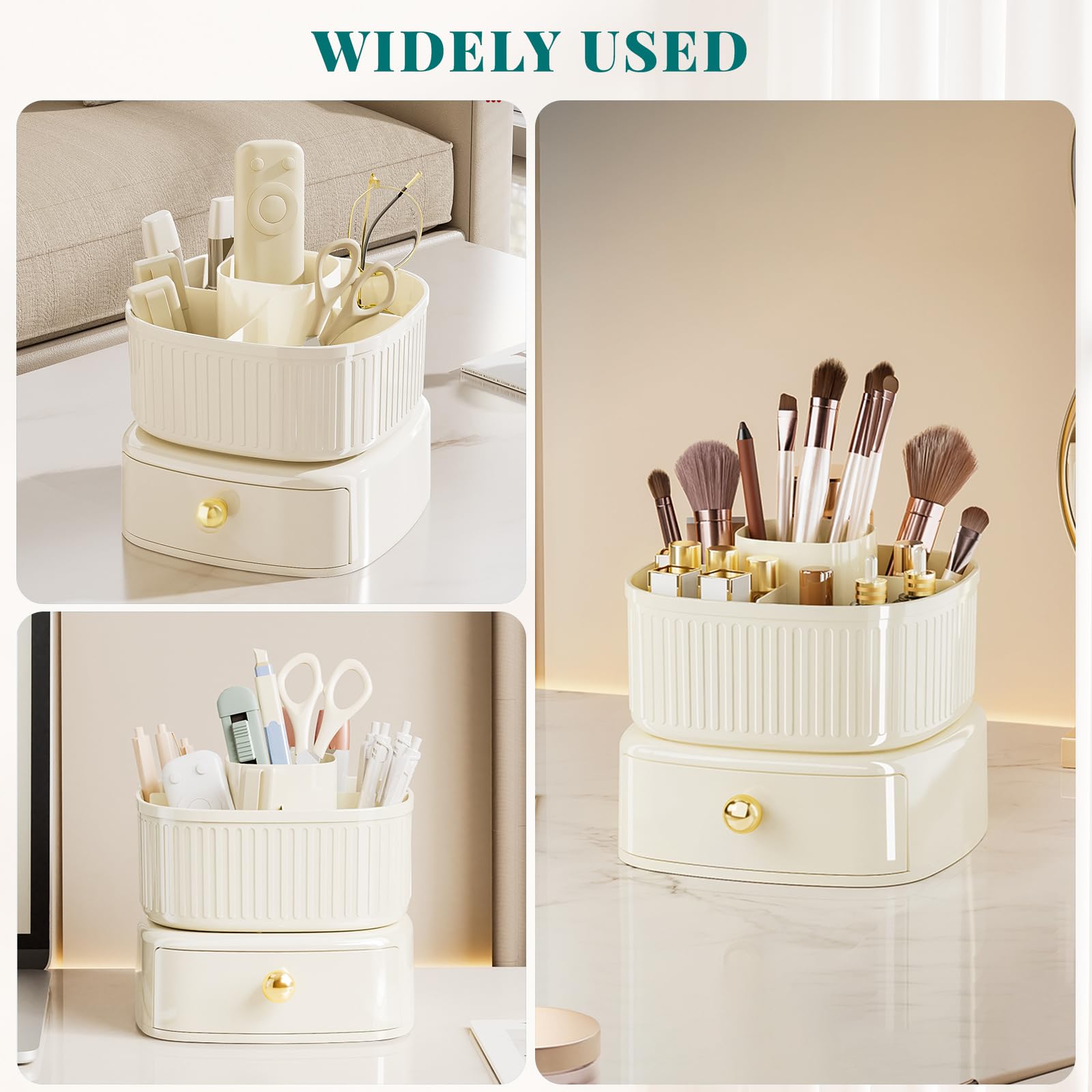 360° Rotating Makeup Brush Holder with 5 Slots & Drawer - Cream Vanity Organizer for Cosmetics | Perfect for Makeup Brushes, Lipsticks & Beauty Tools on Dressing Table or Bathroom Counter