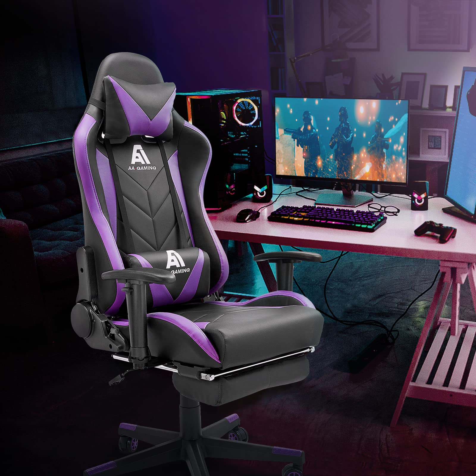 Premium Gaming Chair - Ergonomic High Back Racing Office Chair with Adjustable Lumbar Support & Footrest, 360° Swivel - Black Purple | Perfect for PC Gaming, Esports, Home Office & Streaming Setup