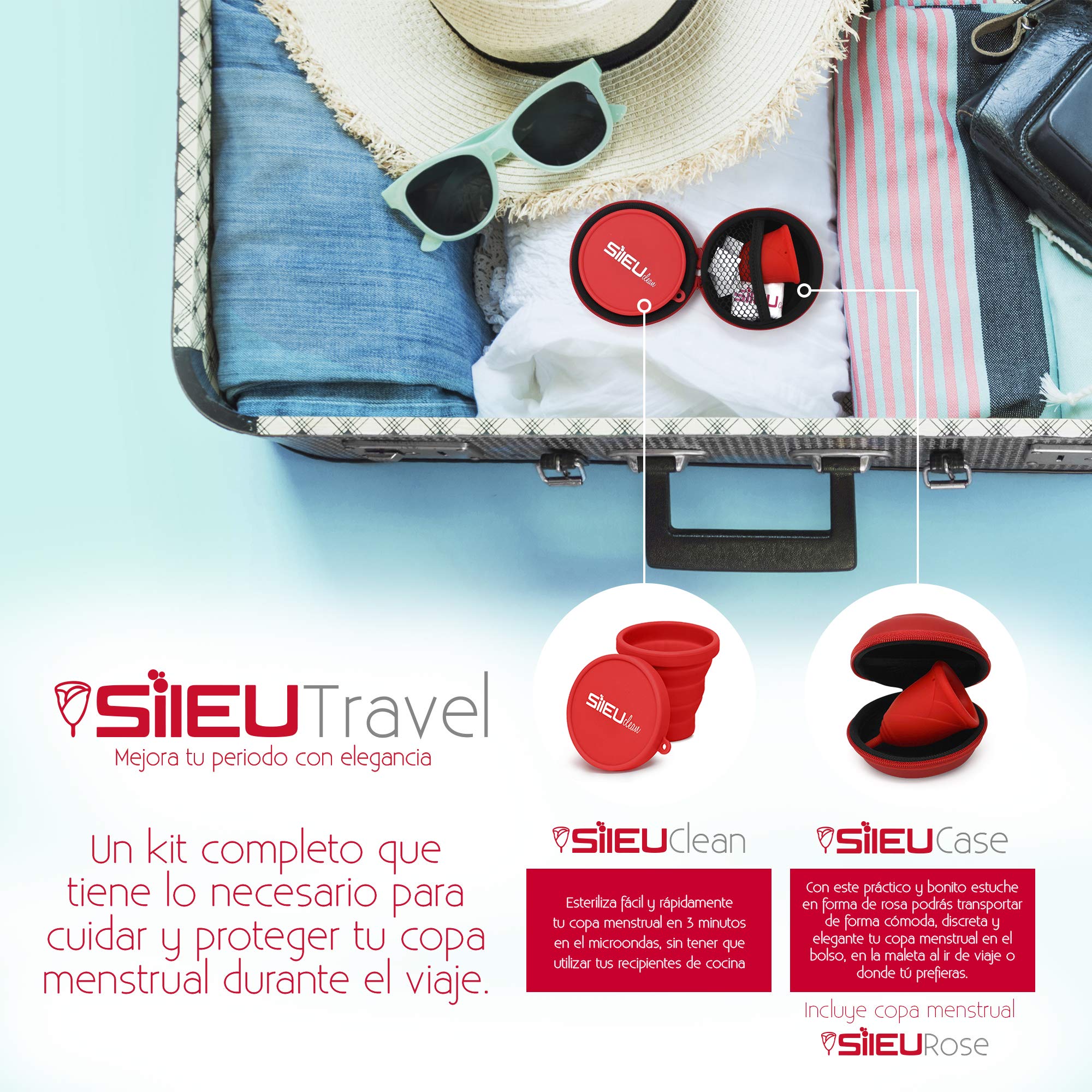 Sileu Travel Menstrual Cup - Rose Starter Kit Size XS (Red) with Flexible Standard Cup, Flower Case & Foldable Sterilizer | Perfect for Active Women, Travel & Eco-Friendly Period Care
