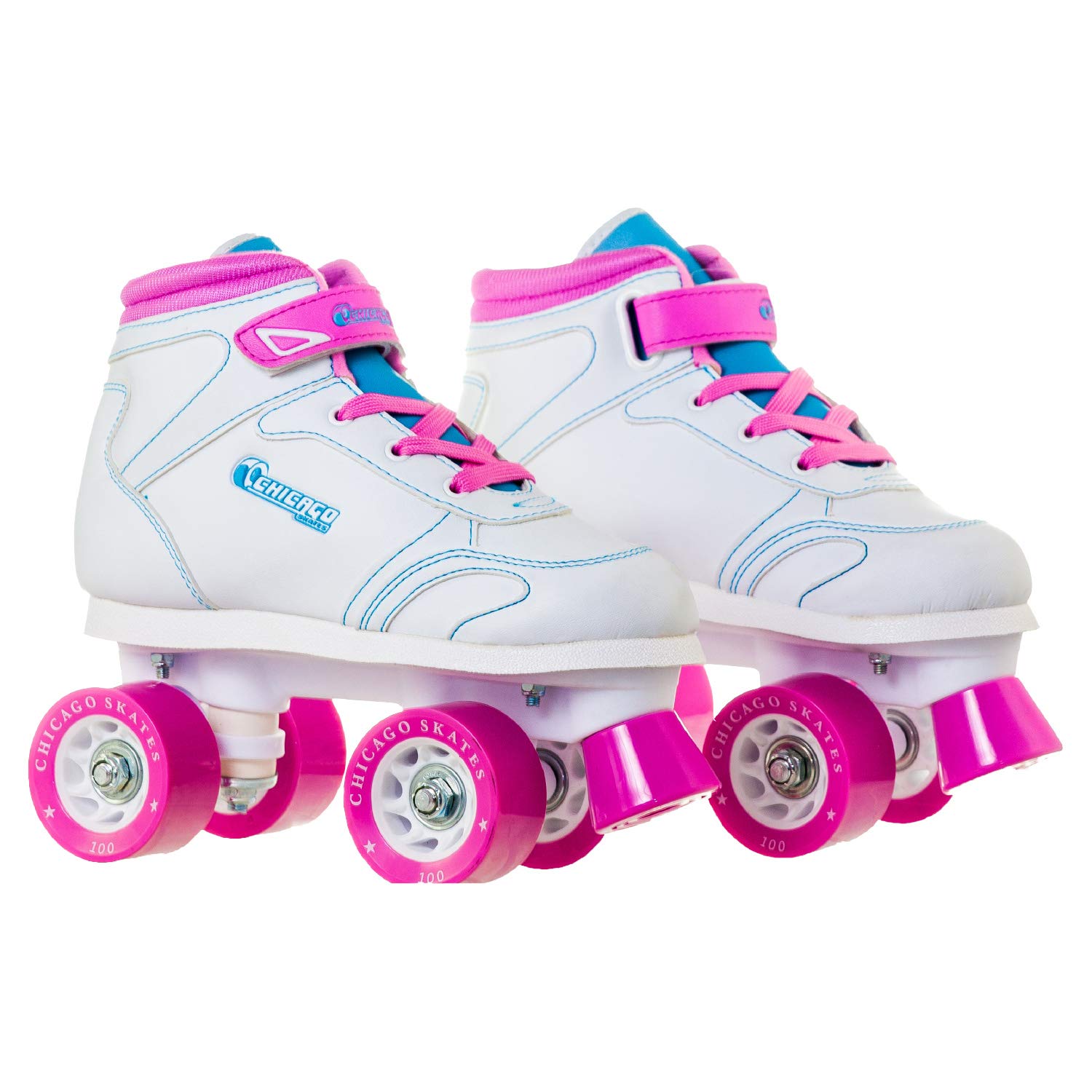 Chicago Girls Sidewalk Roller Skates - Pink & White Adjustable Quad Roller Skates for Kids & Teens - Perfect for Outdoor Fun, Birthday Gifts & Roller Rink Parties