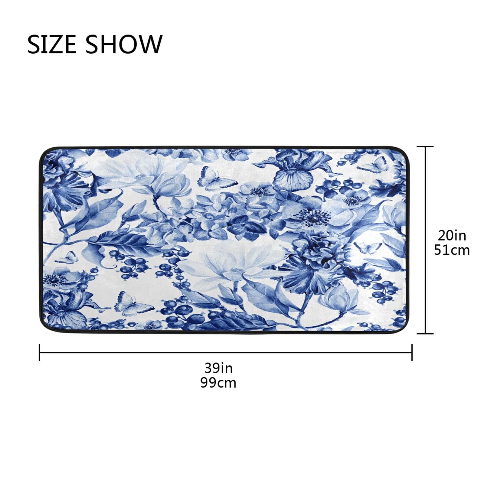 Non-Slip Washable Kitchen Rugs - Absorbent Blue Floral Mats for Sink Area, Farmhouse & Bathroom Use