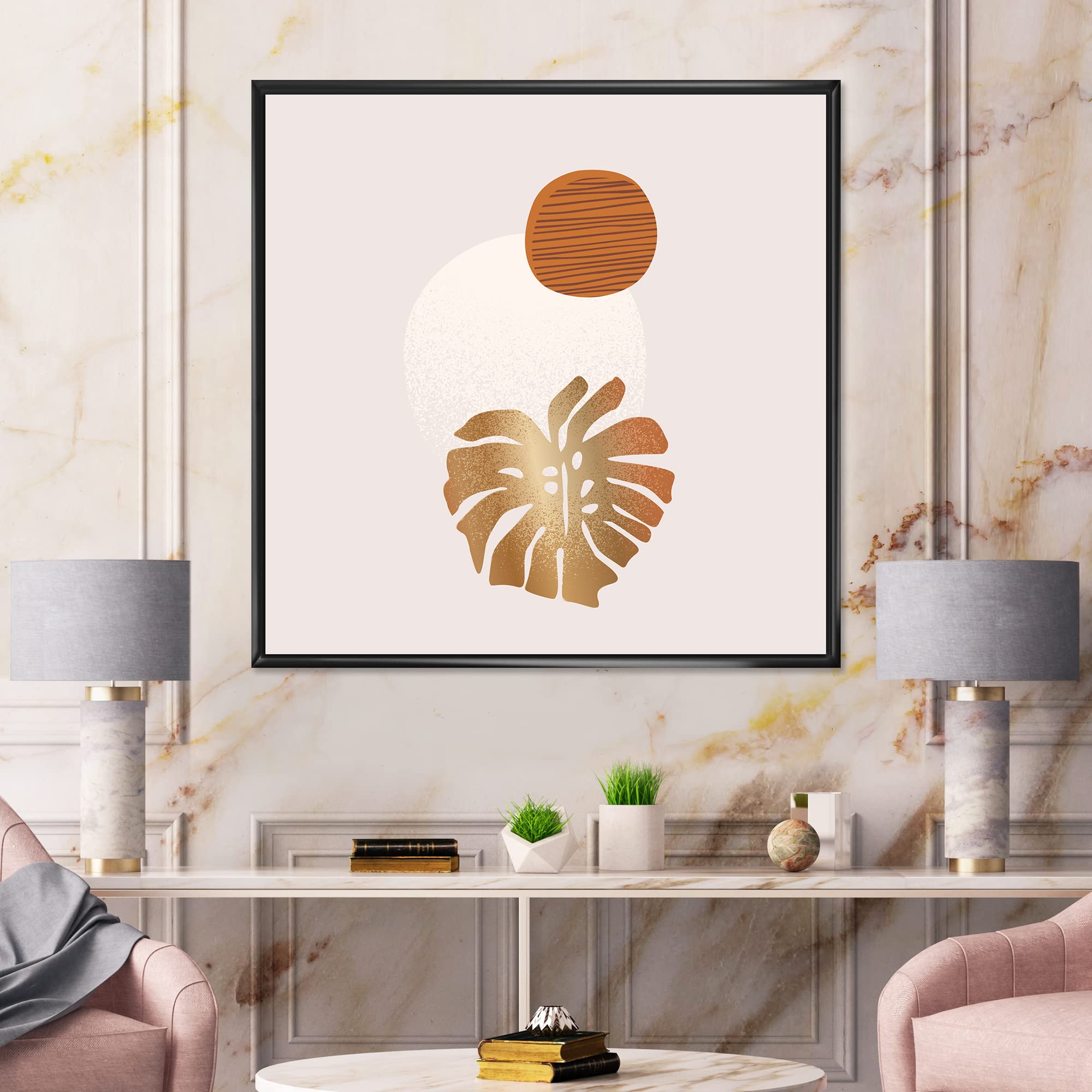DesignQ Tropical Palm Leaf & Abstract Geometry Shapes II - Modern Framed Canvas Wall Art Print for Living Room, Bedroom & Office Decor