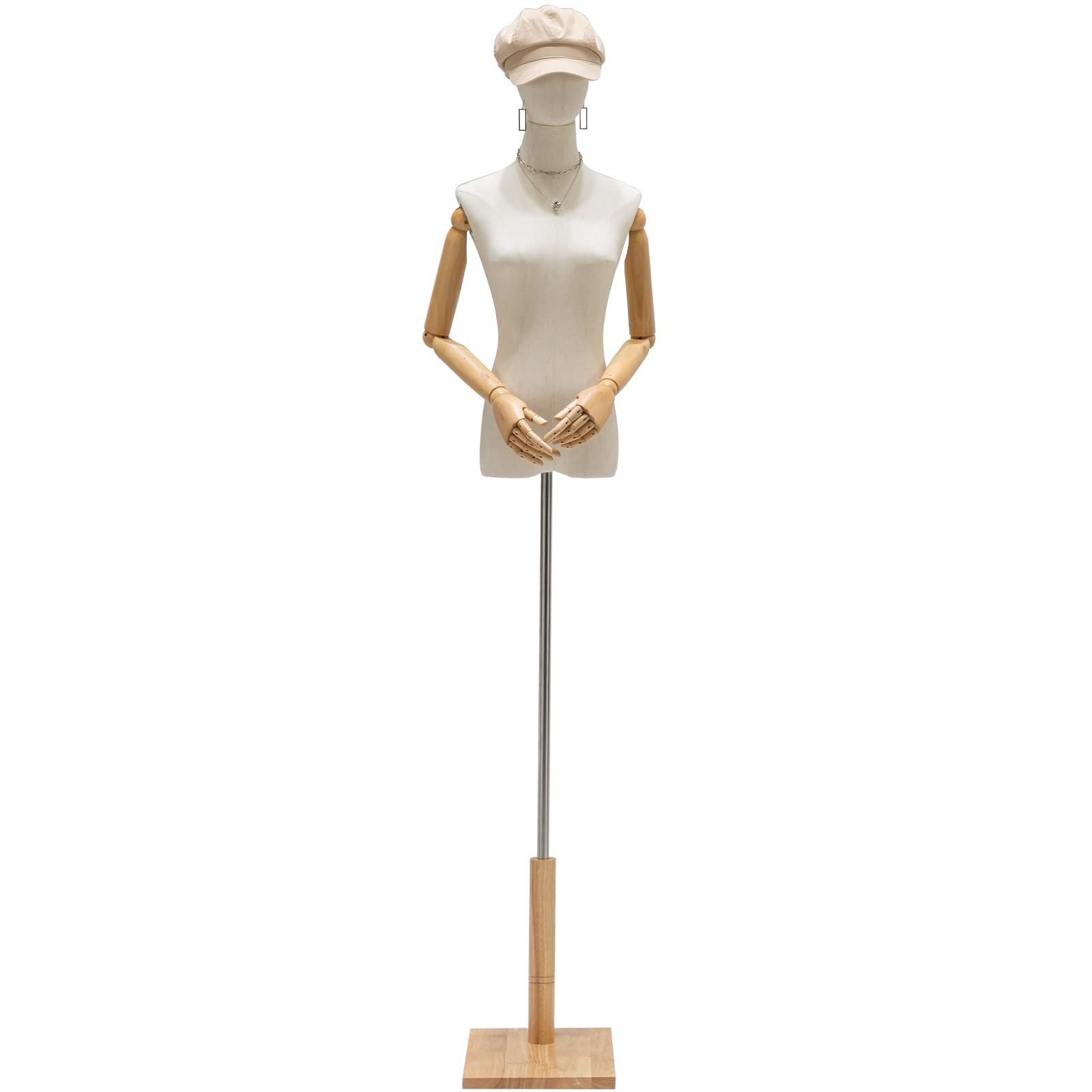 Adjustable Female Dress Form Mannequin Torso with Wooden Base & Arms - 47-75 Inch Height for Sewing, Fashion Design & Boutique Display - Perfect for Tailoring, Jewelry Showcase & Clothing Store Decor (Wood Color)
