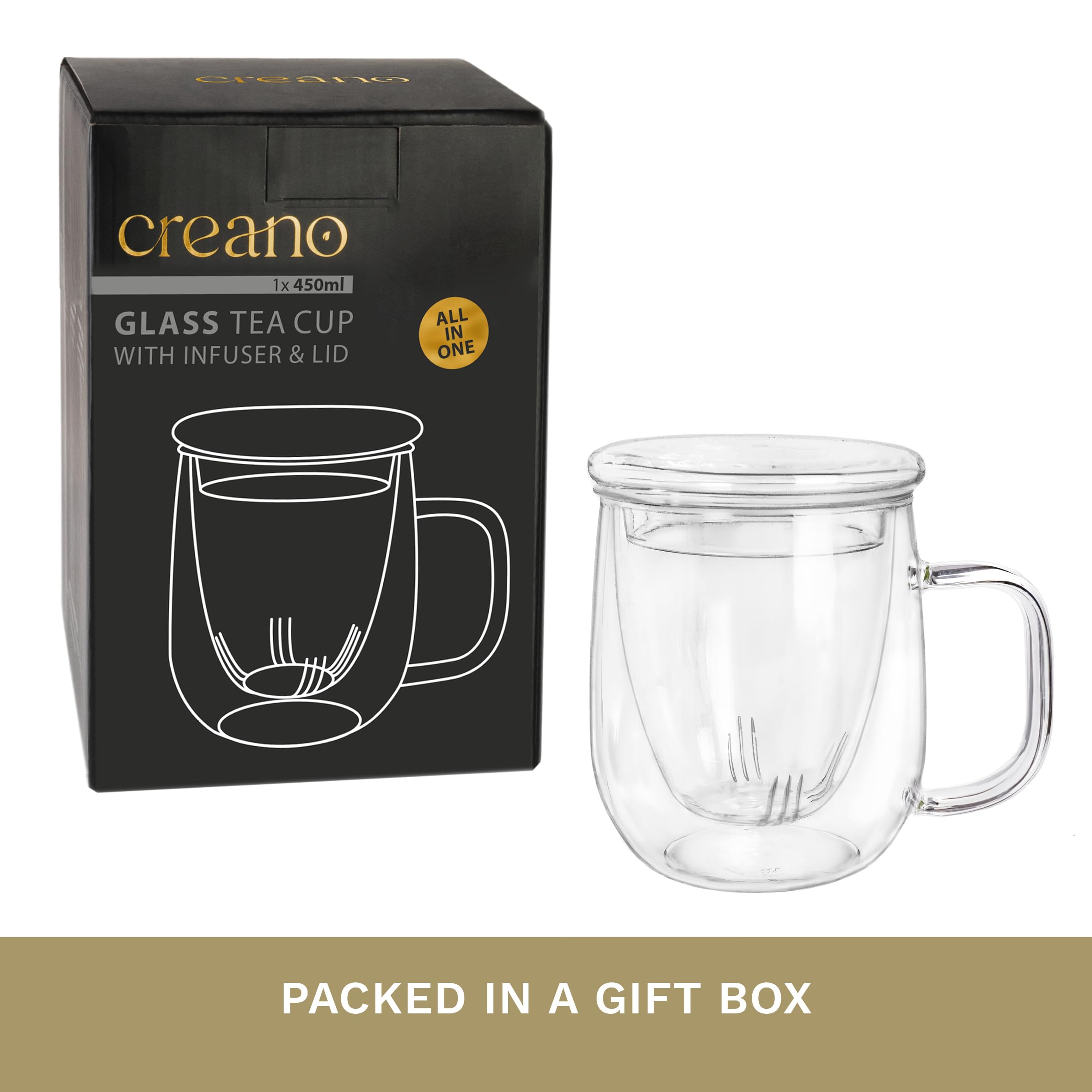 Creano 450ml Glass Tea Cup with Strainer & Lid - Premium Loose Leaf Tea Maker for Home & Office - Perfect for Green Tea, Herbal Tea & Iced Tea Brewing