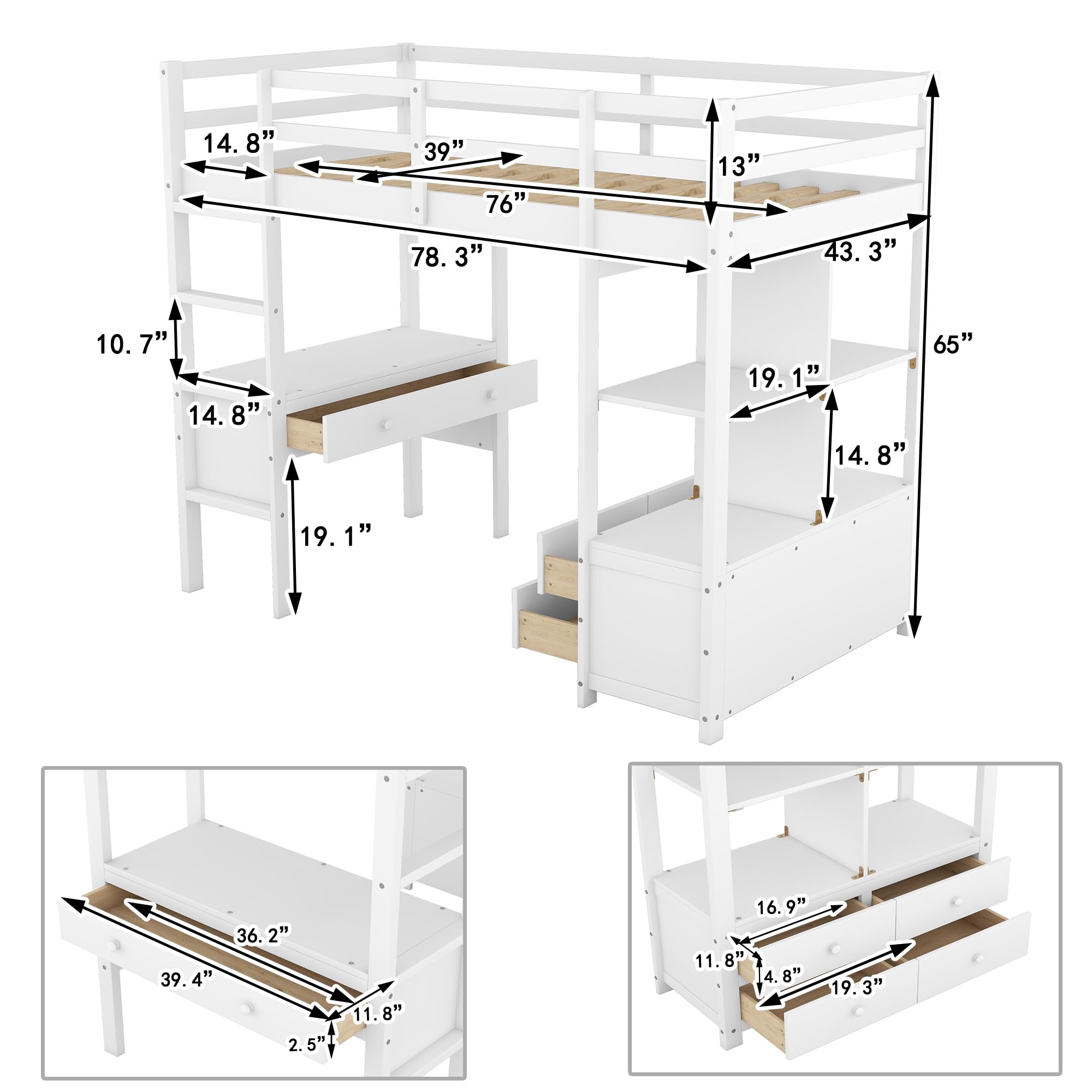 Harper & Bright Designs Solid Wood Twin Size Loft Bed with Desk, Bookshelf & Storage Drawers - Space-Saving Study & Sleep Solution for Kids, Teens & Adults - Perfect for Small Bedrooms, Dorms & Apartments (White)