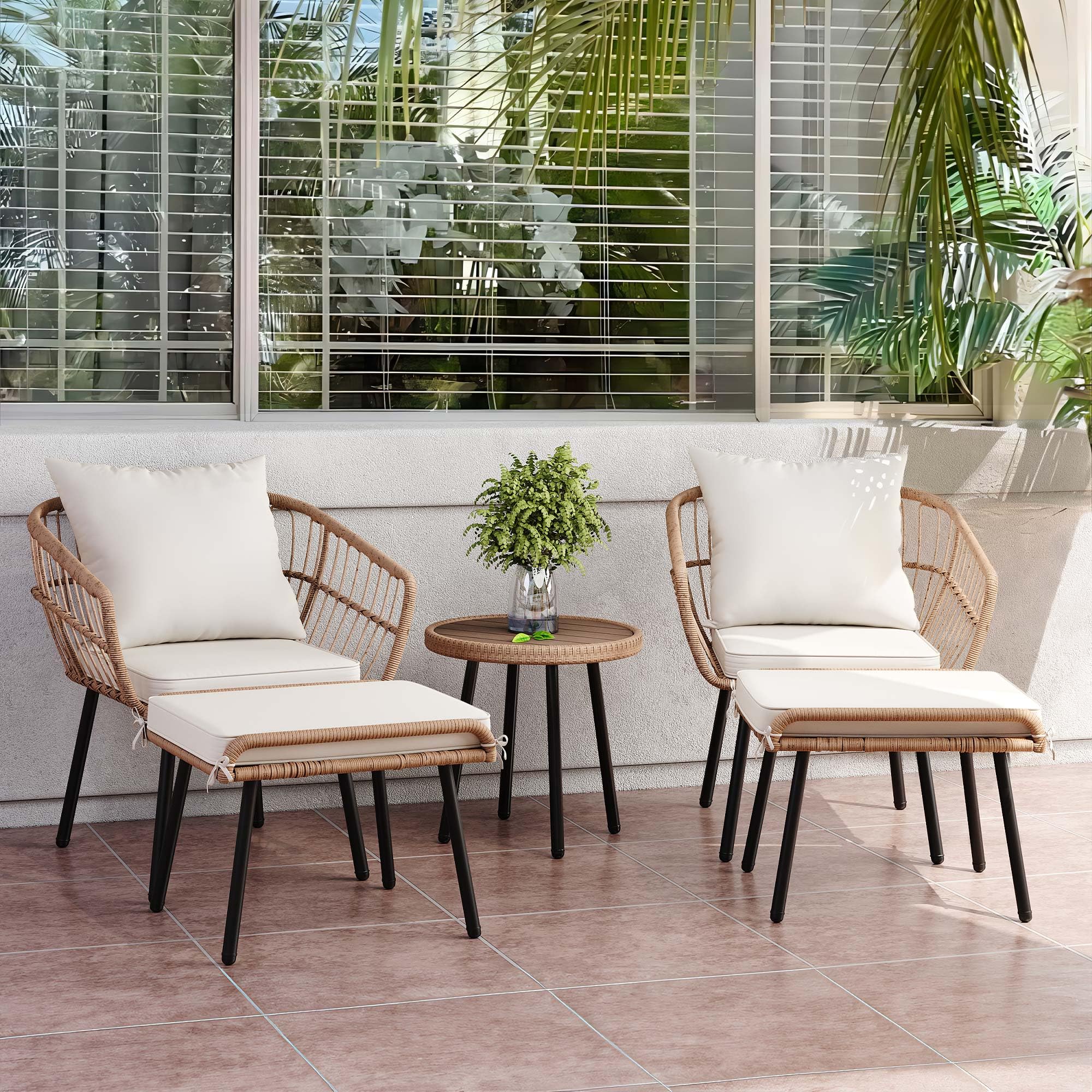 YITAHOME 5-Piece All-Weather Outdoor Wicker Furniture Set - Patio Bistro Set with Footrest, Coffee Table & Ottomans - Perfect for Balcony, Garden, Backyard & Small Outdoor Spaces
