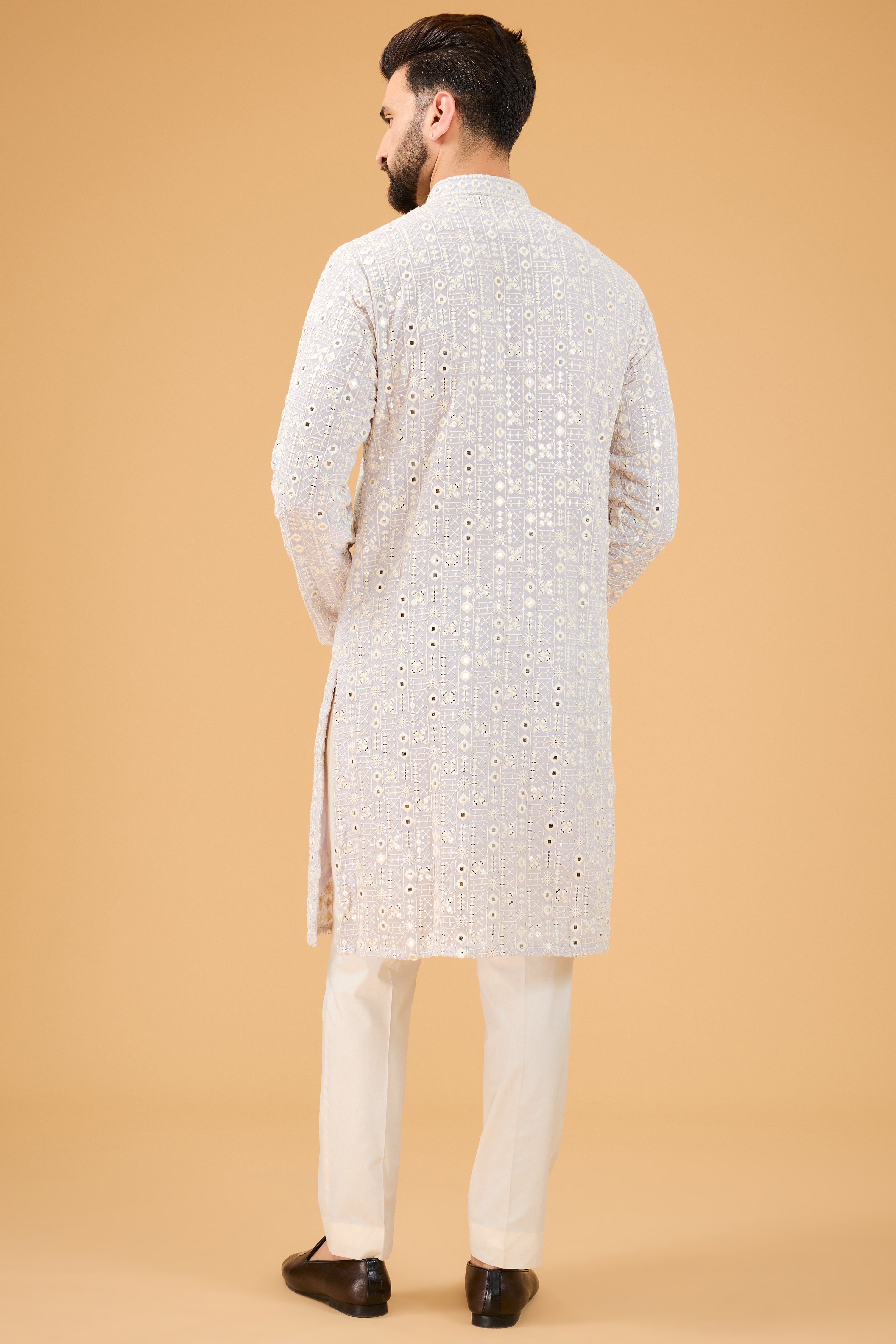 Lilac Mirror Work Kurta with Intricate Neckline - Elegant Embroidered Indian Tunic for Women - Perfect for Festivals, Weddings & Special Occasions