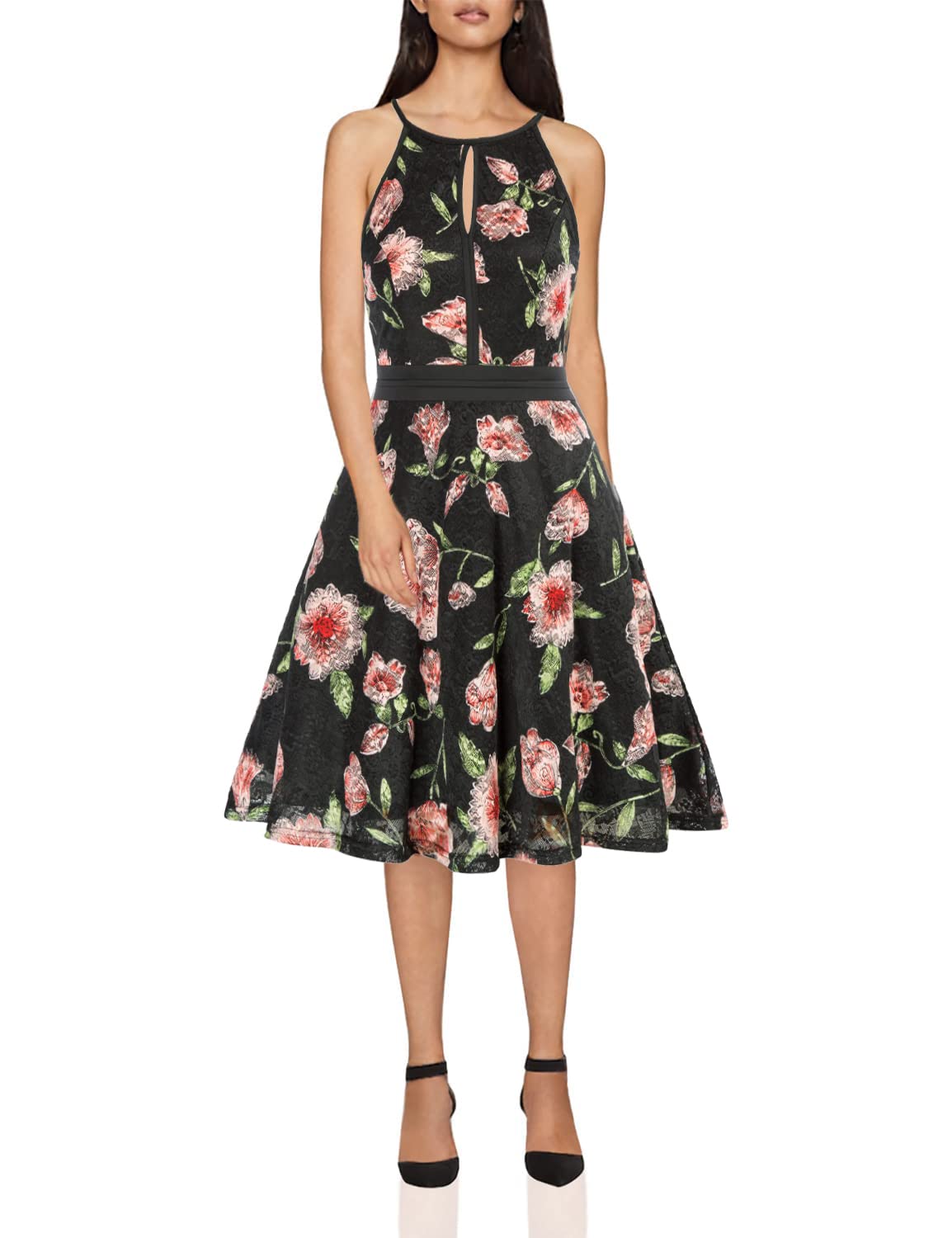 Elegant Vintage Floral Lace Halter Cocktail Dress for Women - Perfect for Wedding Guest, Party & Formal Events | Flowy & Feminine Design for Special Occasions