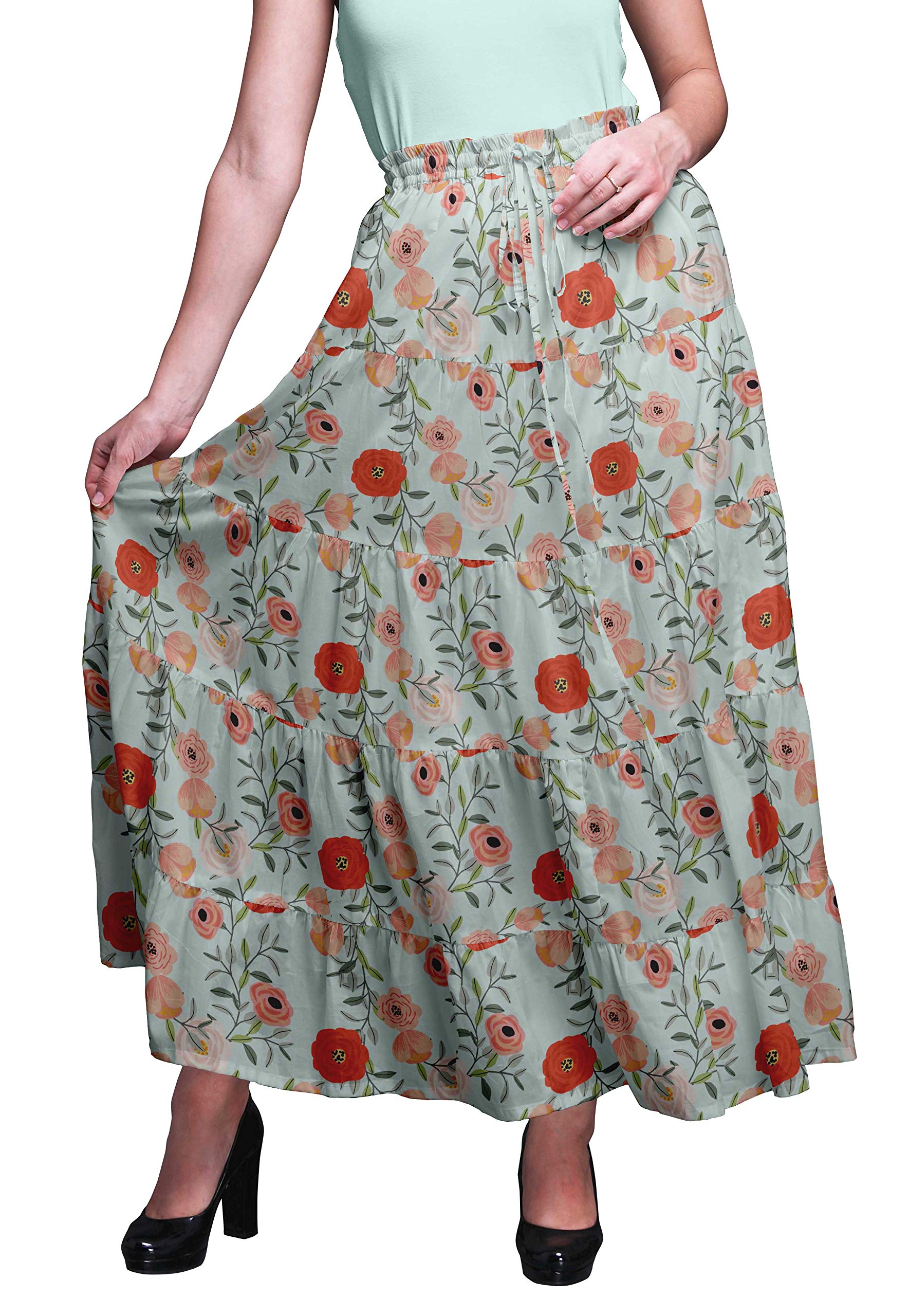 Boho Printed Long 5-Tier Cotton Skirt for Women | Flowy Maxi Skirt with Elastic Waist | Perfect for Beach, Festival, and Summer Outfits