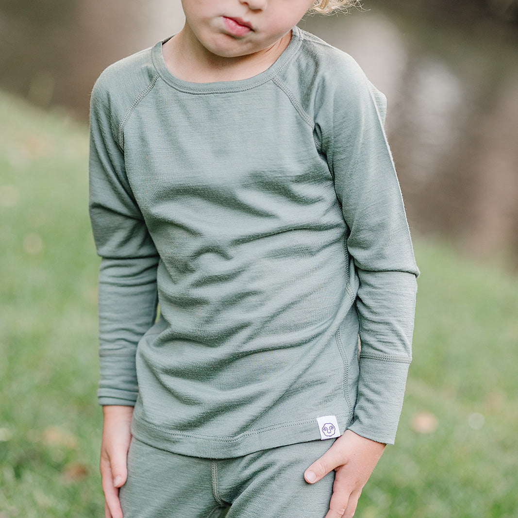 Kids Merino Wool Base Layer - Long Sleeve Thermal Top in Sage Green | Perfect for Winter Outdoor Activities & Layering