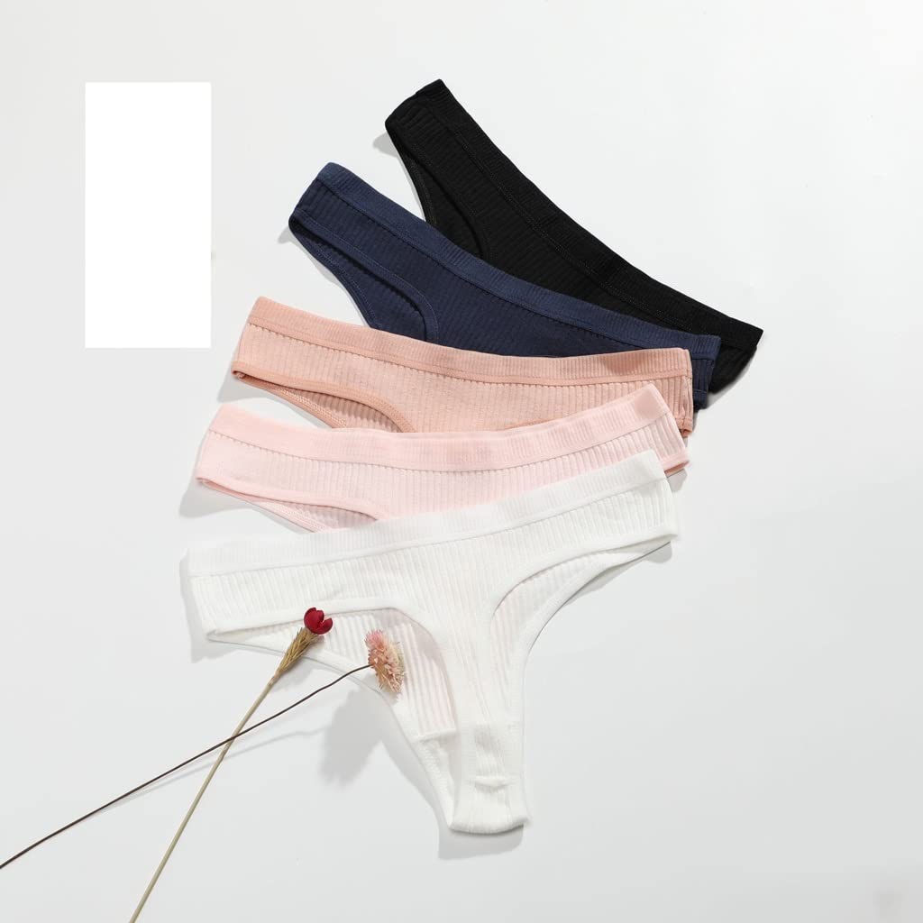 JHHDP Women's Cotton Thong Underwear - Low Waist Striped & Solid Color Panties - Breathable Soft Briefs (Color A, Size L) - Perfect for Daily Wear, Yoga & Comfort