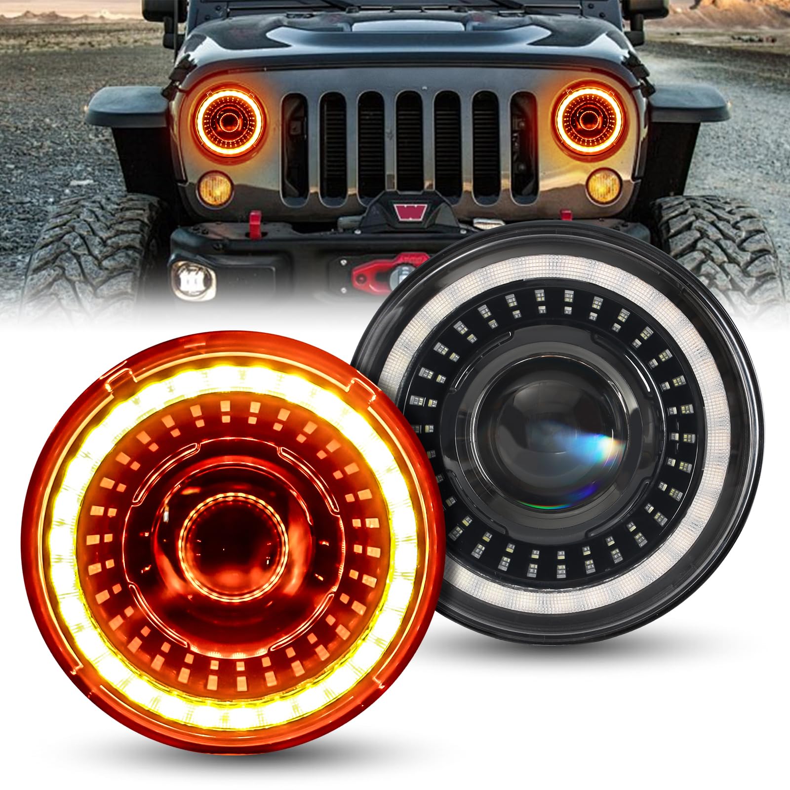 7 Inch LED Headlights for Jeep Wrangler JK JKU TJ CJ - DRL Start-up Gradient Welcome Halo, High/Low Beam with Turn Signal (H6024) - Perfect for Off-Roading & Night Driving