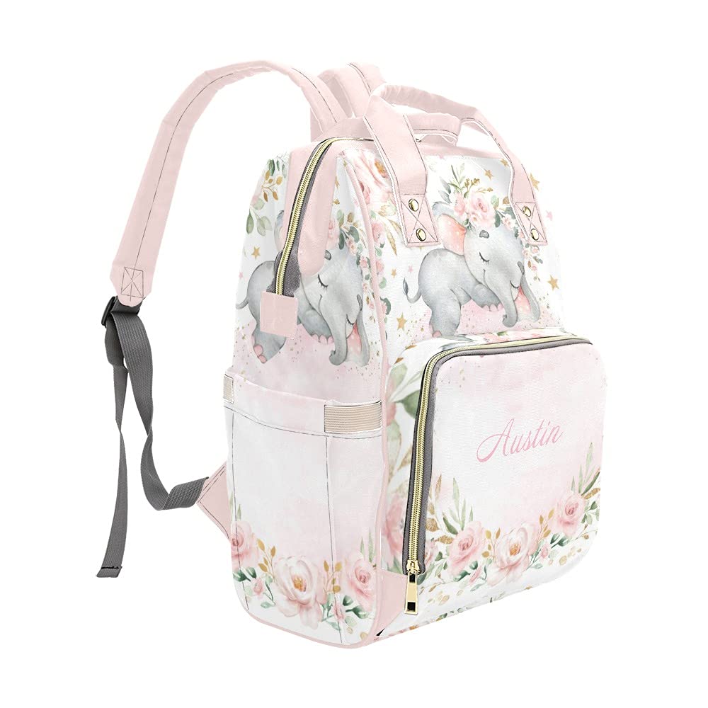 Personalized Blush Gold Elephant Floral Diaper Backpack - Large Capacity Custom Baby Bag with Name Text - Multi-Functional Unisex Travel Backpack for Mom, Dad, Boys & Girls - Perfect for Daycare, Travel & Family Outings