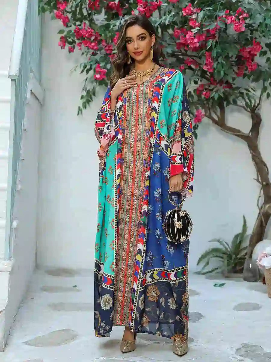 Hotfix Rhinestone Chiffon Printed Caftan Kaftan Dress - Elegant Party Wear for Eid, Wedding, Bridal Shower & Special Occasions | Style #25466