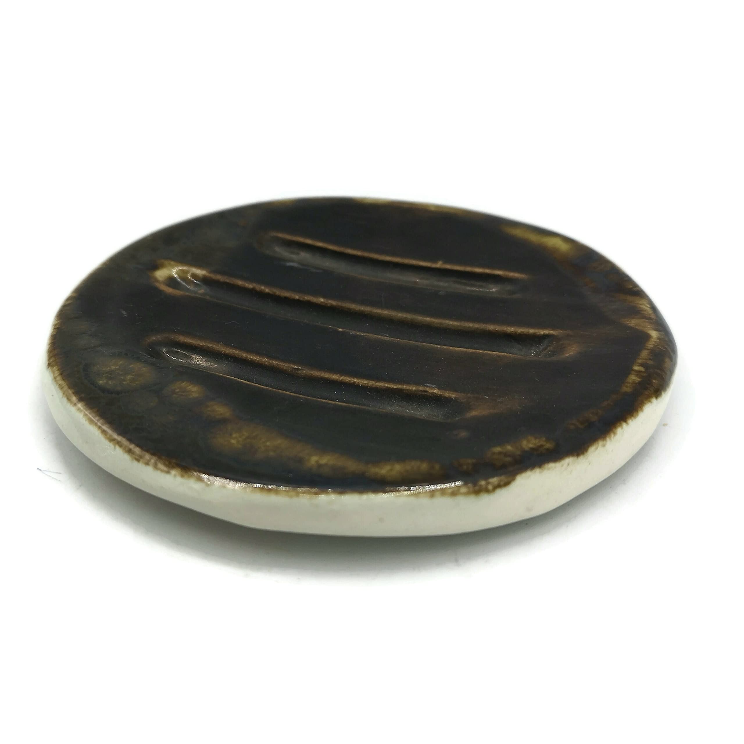 Dark Brown Ceramic Soap Dish & Sponge Holder - Bathroom & Kitchen Organizer for Sinks, Showers, and Countertops
