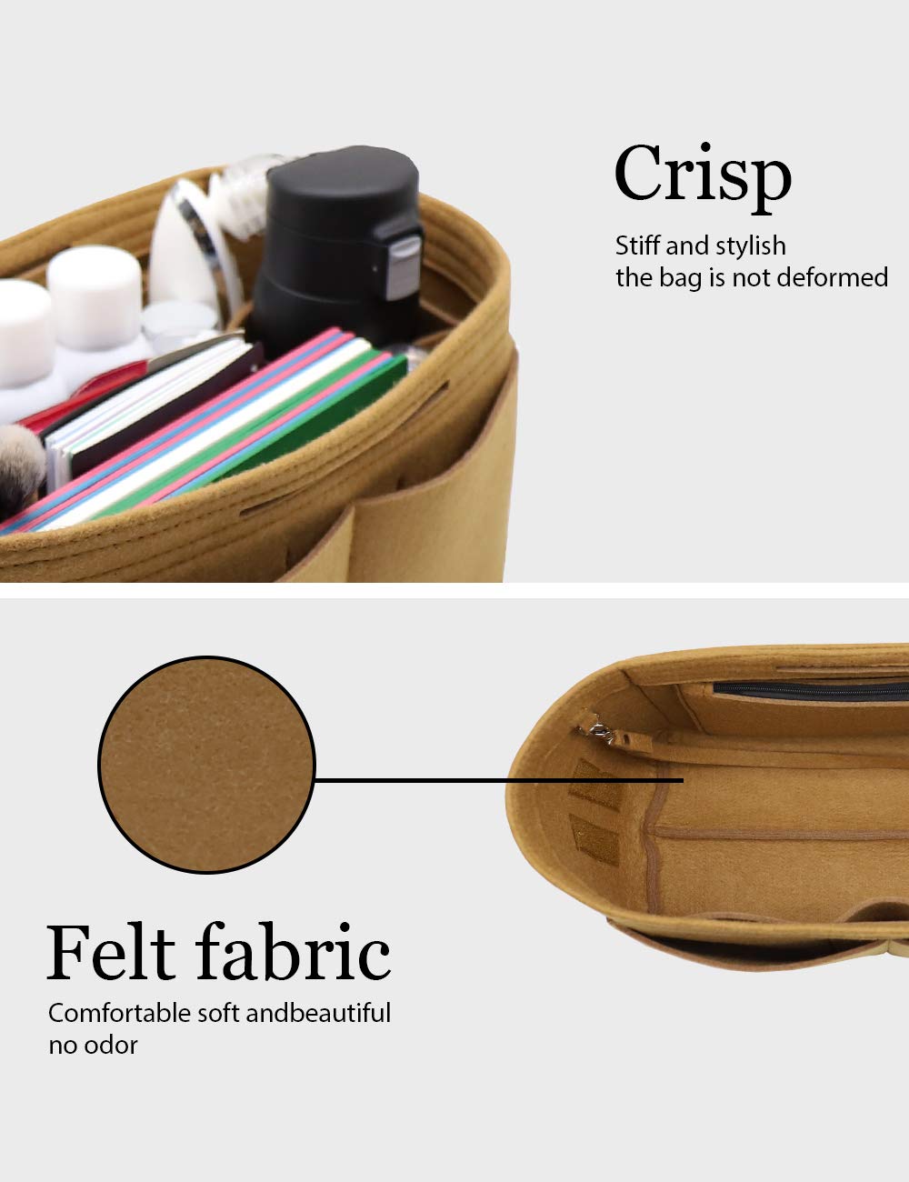 LEXSION Felt Purse Organizer Insert with Zipper Pockets & 2 Removable Bottle Holders - Perfect for Handbags, Totes, and Diaper Bags
